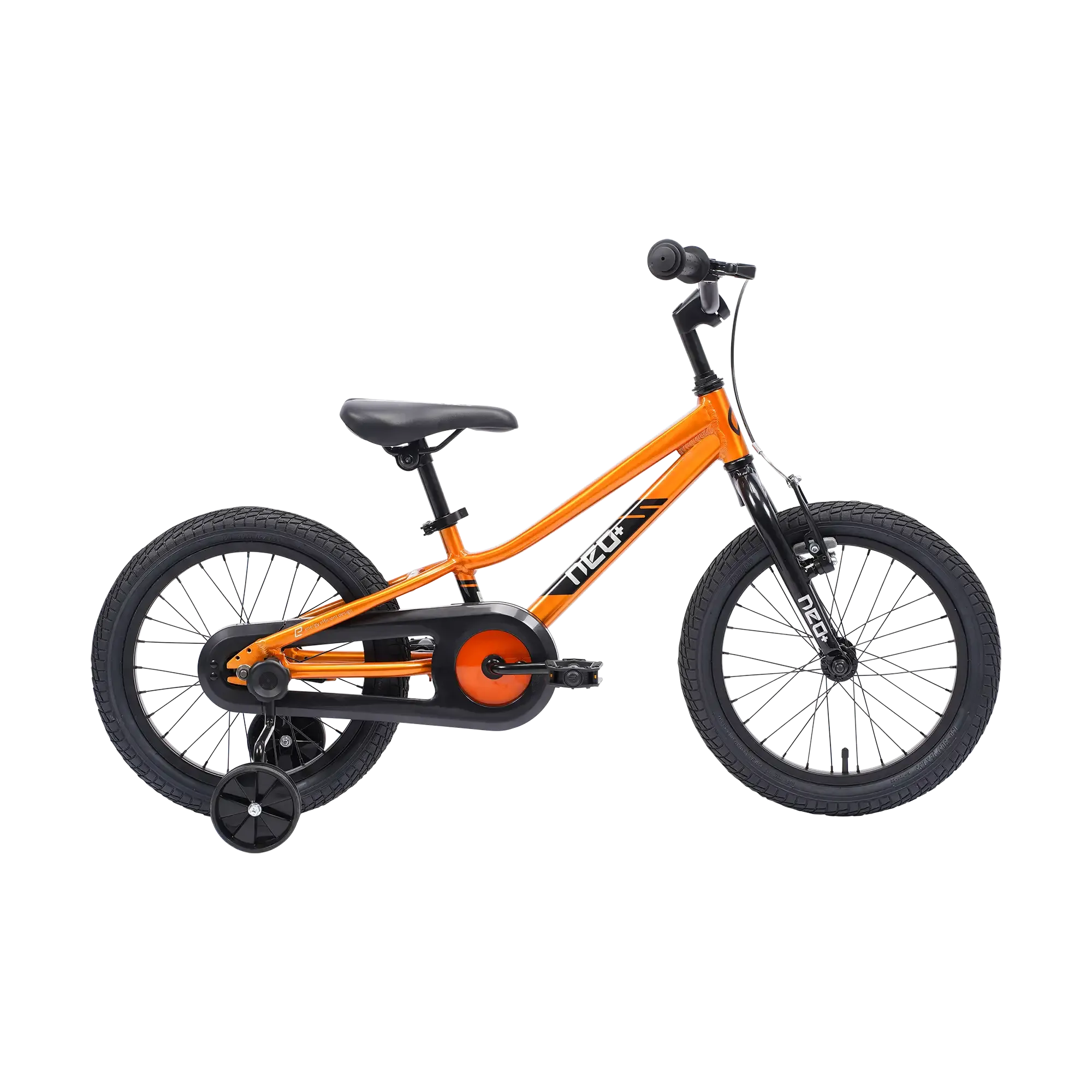 Orange Neo+ children's bike with training wheels on a white background