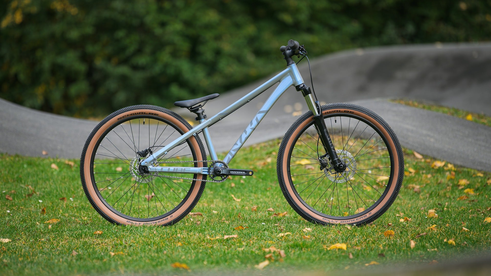 Light blue dirt jump bike on grass with blurred background