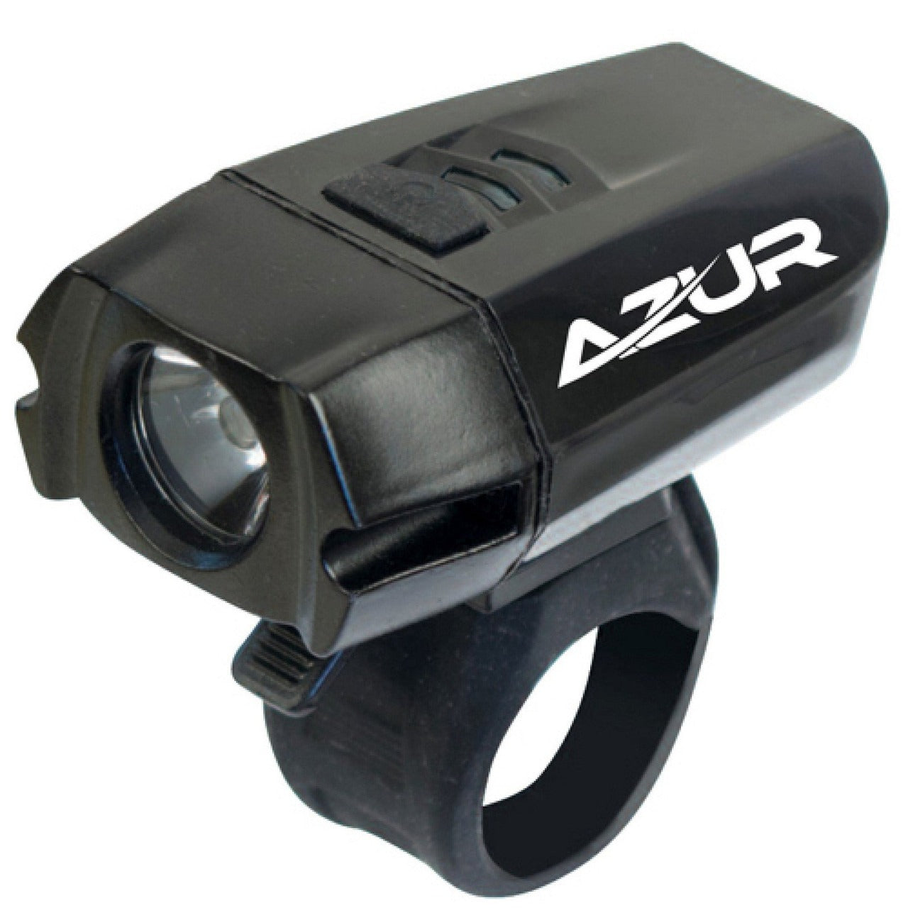 Black bicycle light with 'Azur' branding on a white background