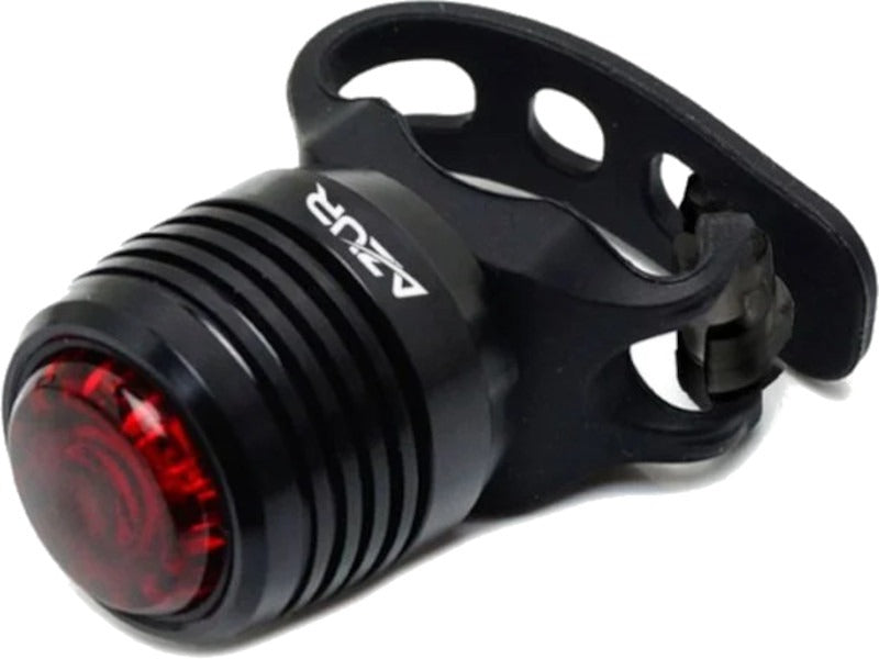 Black bicycle rear light with red LED on a white background