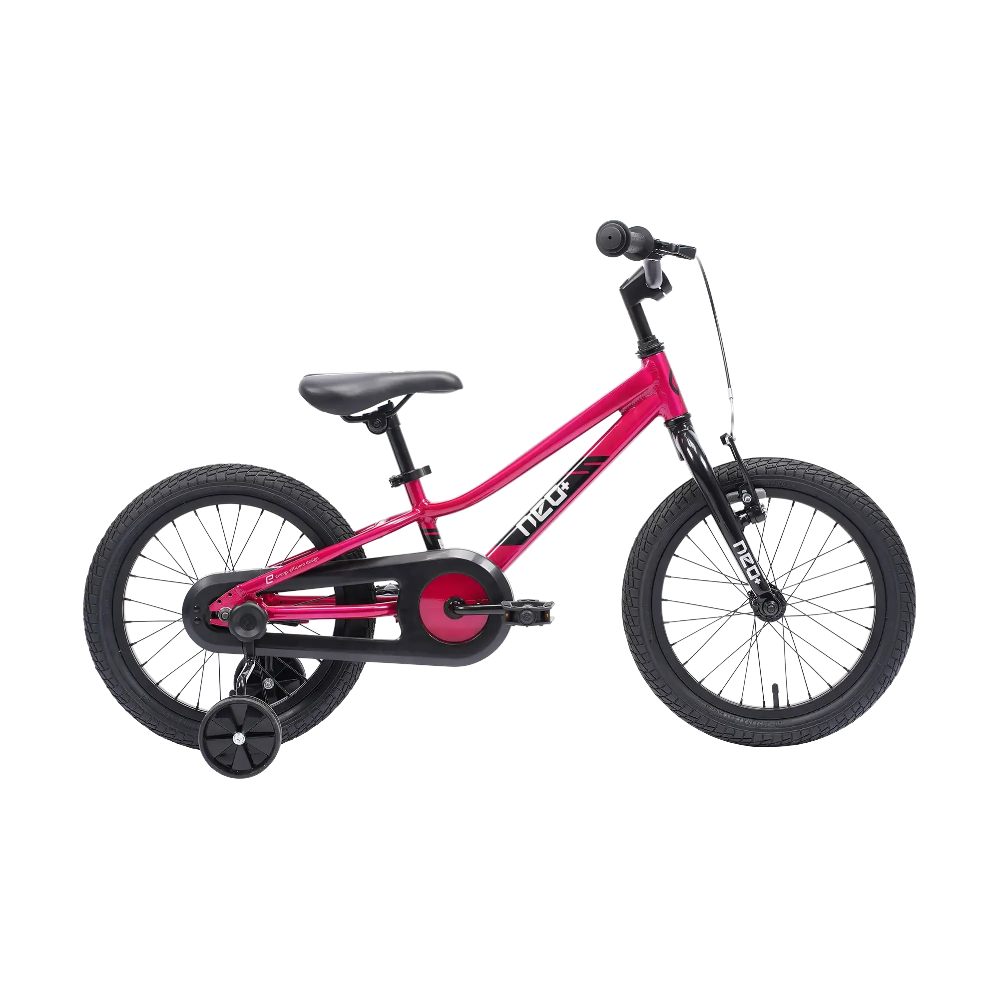 Pink children's Neo+ bicycle with training wheels on a white background