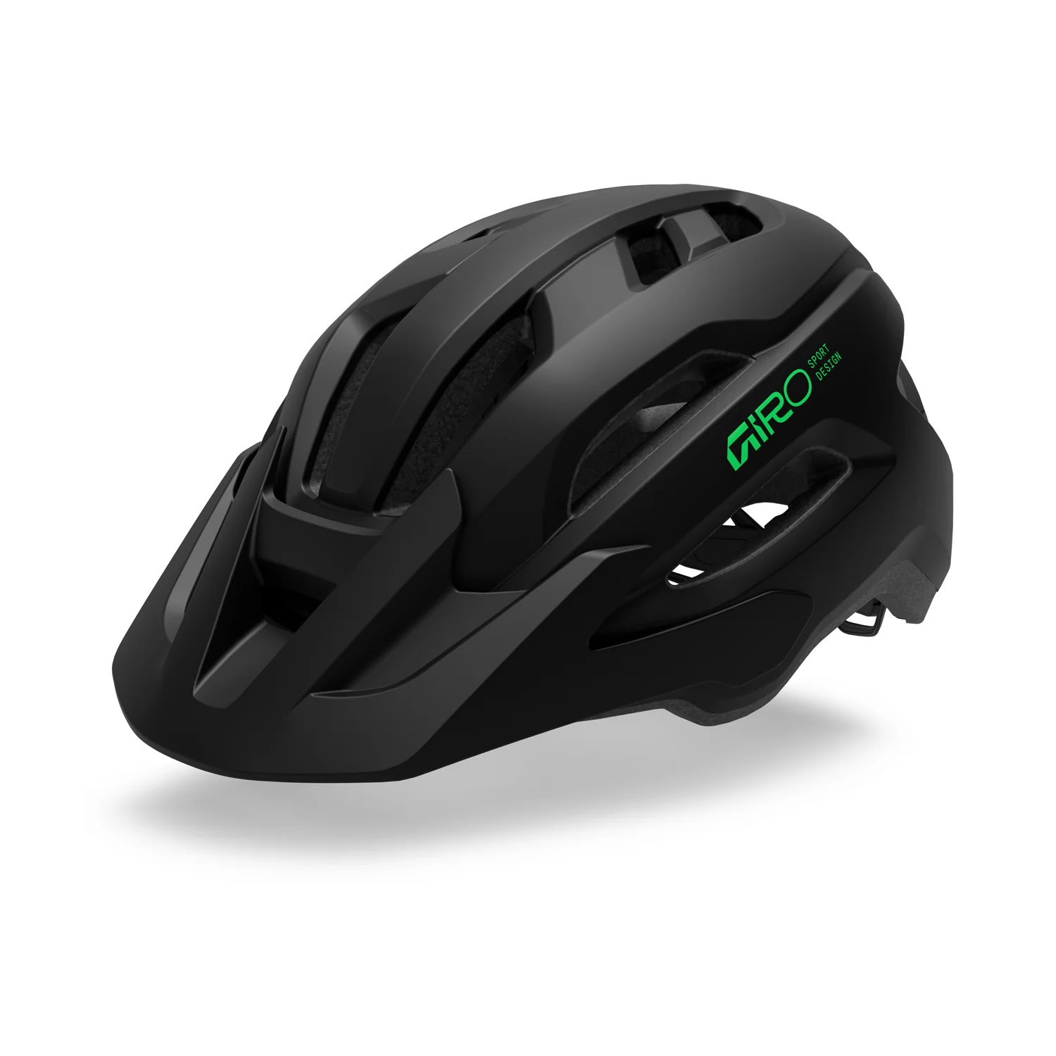 Black bike helmet with green Giro logo on a white background