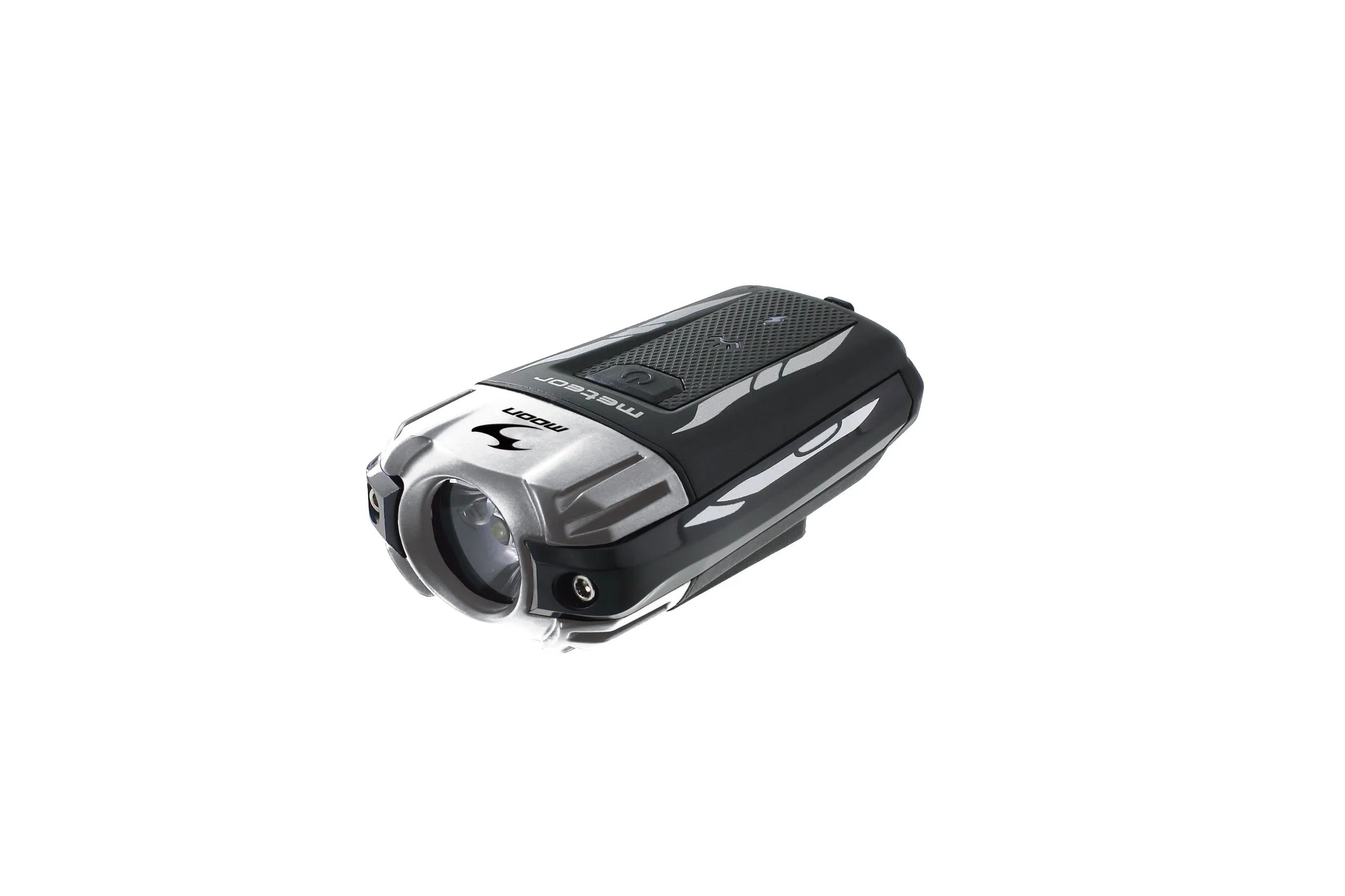 Black and silver Moon Meteor front bicycle light on a white background