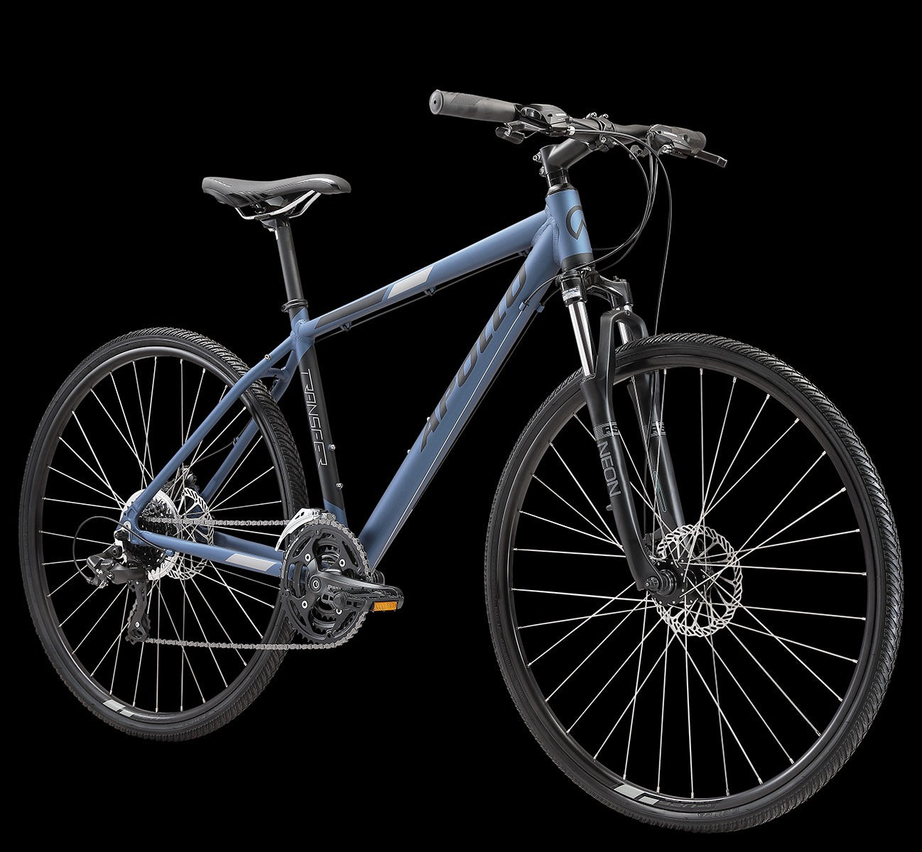 Blue Apollo Hybrid Bike on a black background
