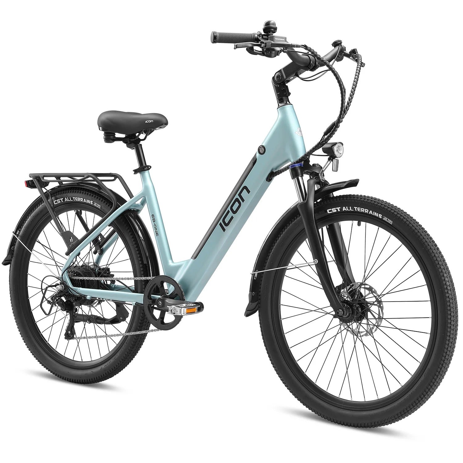 Light blue Icon electric bicycle with black components on a white background