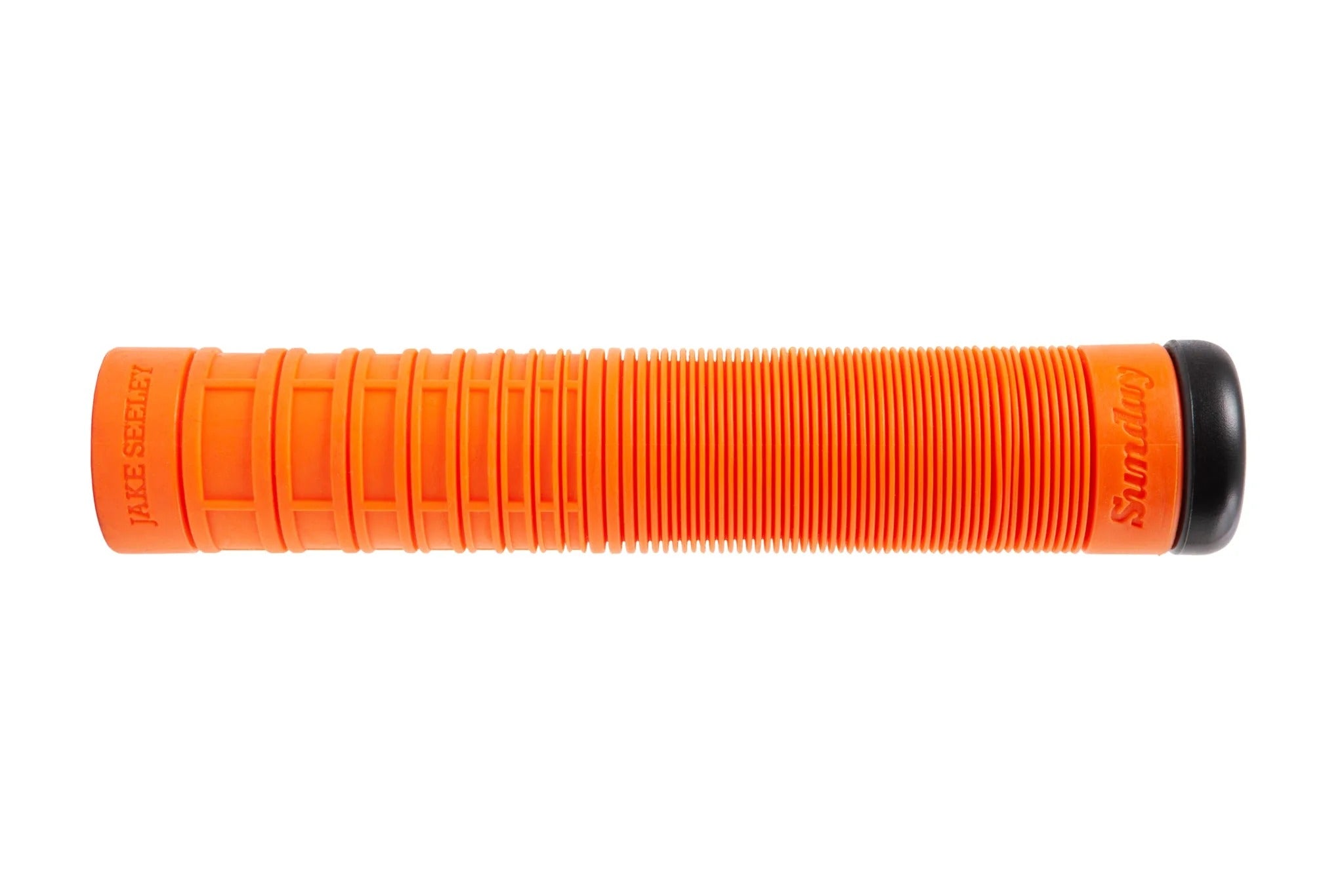 Orange bicycle handlebar grip with black end on a white background