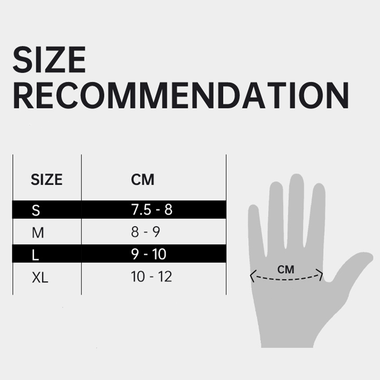 Size recommendation chart for gloves with hand illustration and measurement scale.