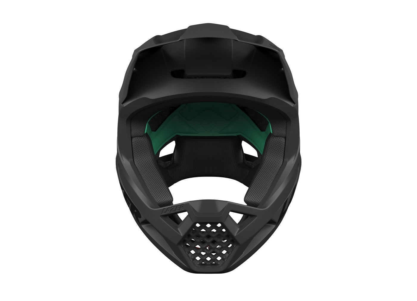 Black full face mountain bike helmet with green interior on a white background