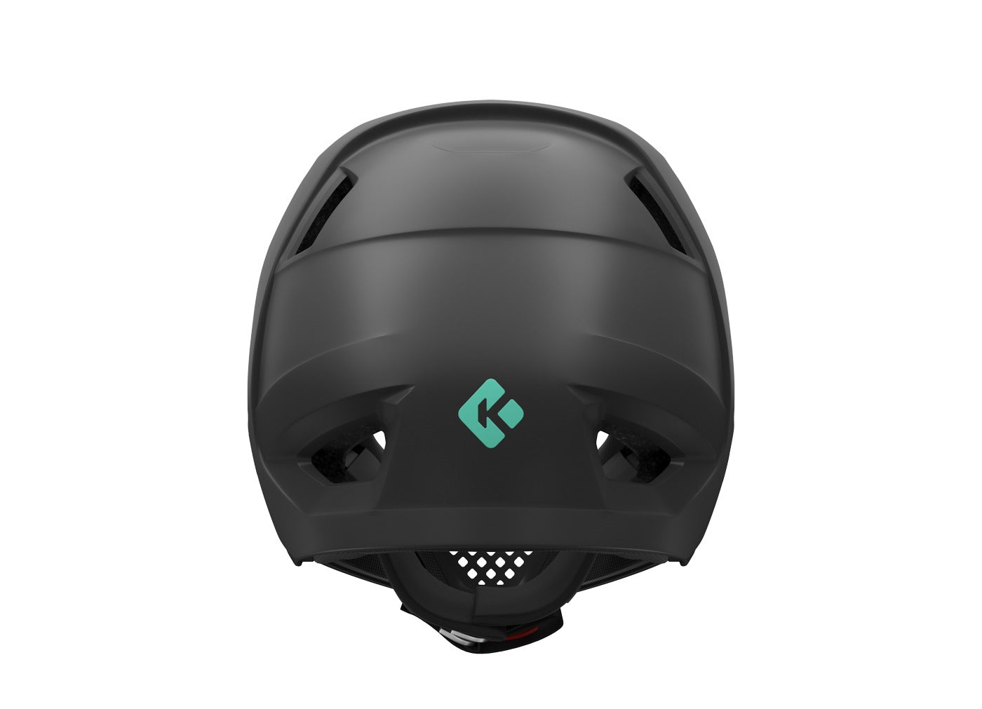 Rear view of a Black full face mountain bike helmet with a brand logo on a white background