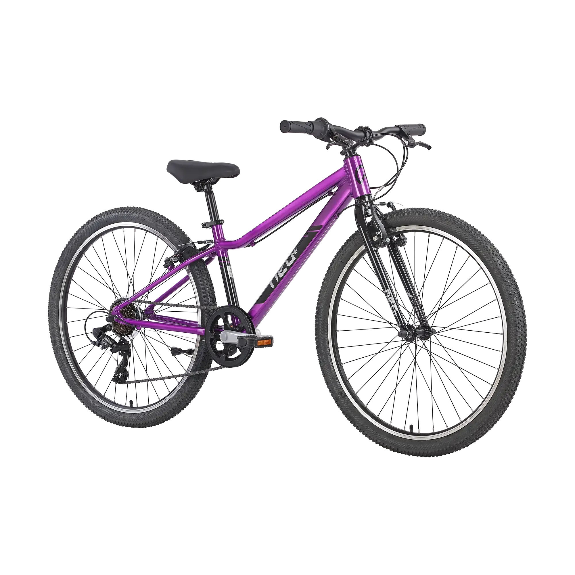 A purple kids' mountain bike with black components, including the saddle, handlebars, fork, and tyres, shown from a side profile on a white background.
