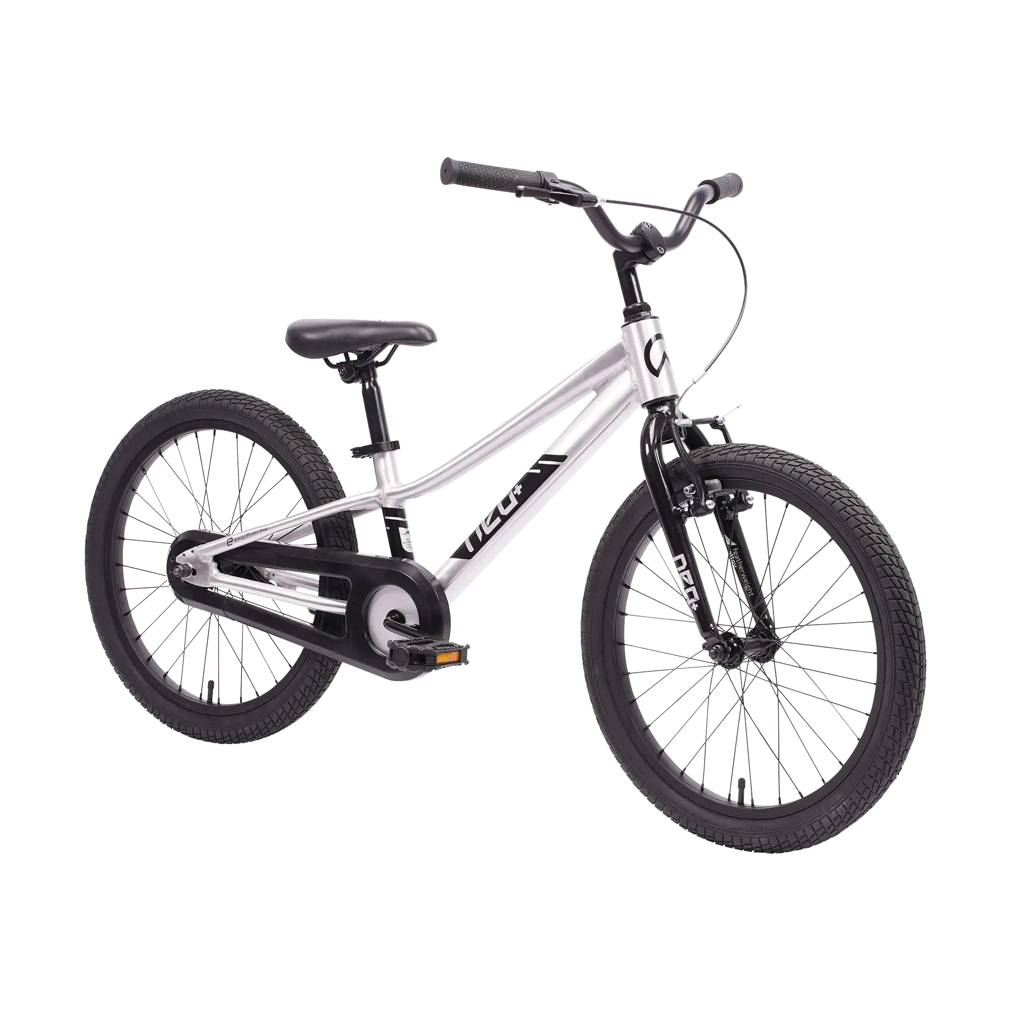 A kids' NEO bicycle with a silver frame, black handlebars, seat, and tyres, featuring a front suspension fork and a chain guard, shown on a plain white background.