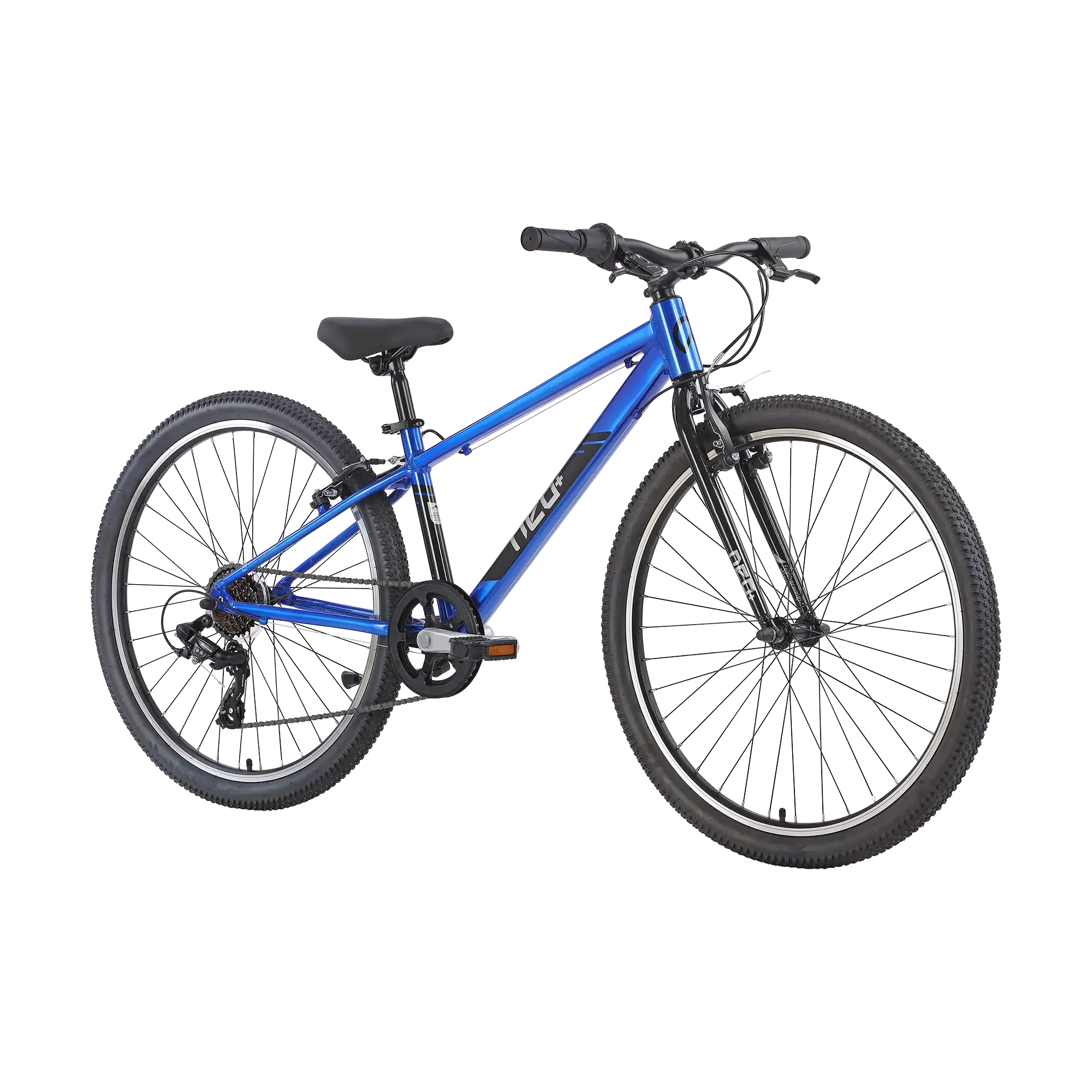 A blue and black mountain bike with knobby tyres, a front suspension fork, and a step-through frame, shown from a side profile on a solid white background.