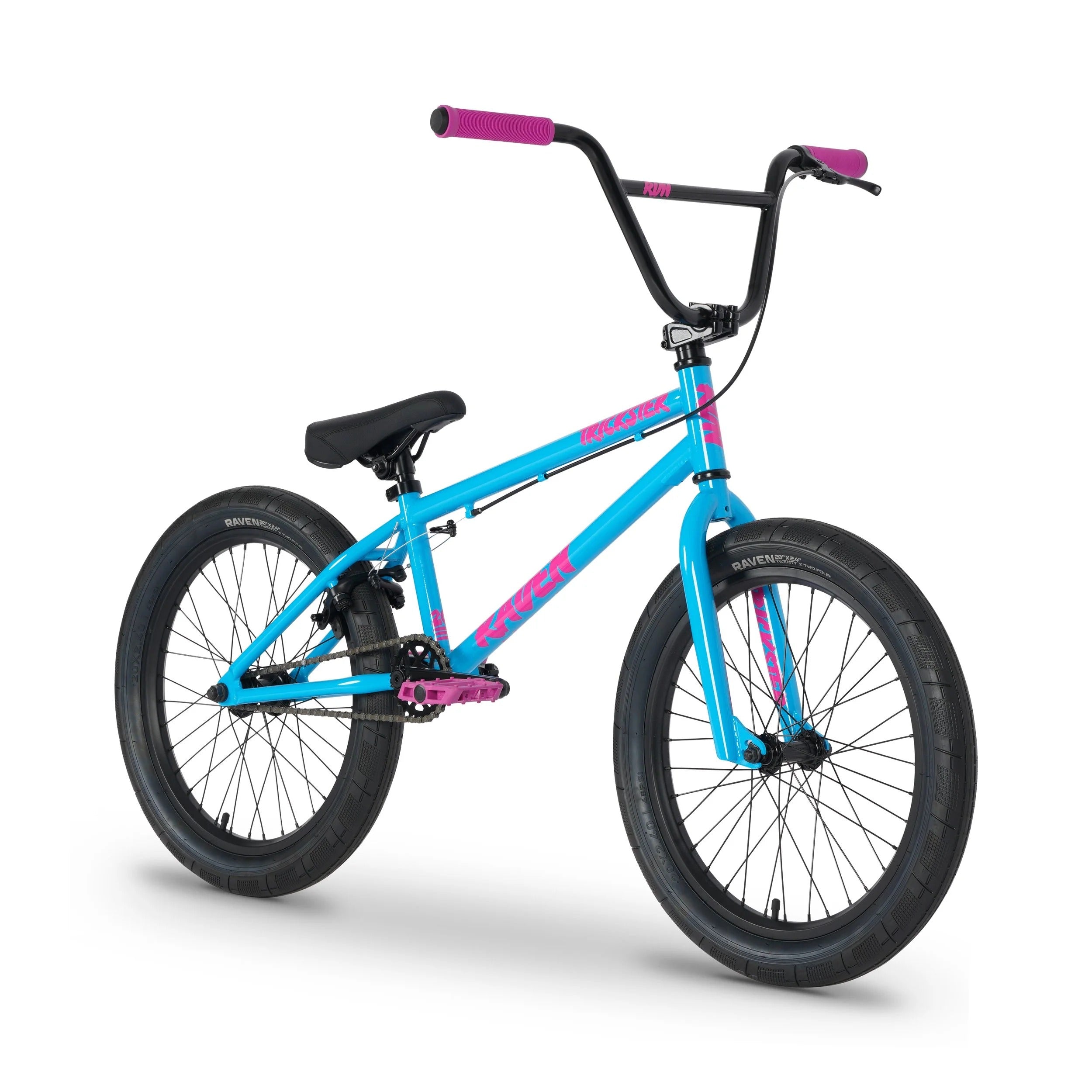 A Raven Trickster BMX bike with a bright turquoise blue frame, black handlebars and wheels, and vibrant pink accents on the grips, pedals, and frame graphics, shown on a white background.
