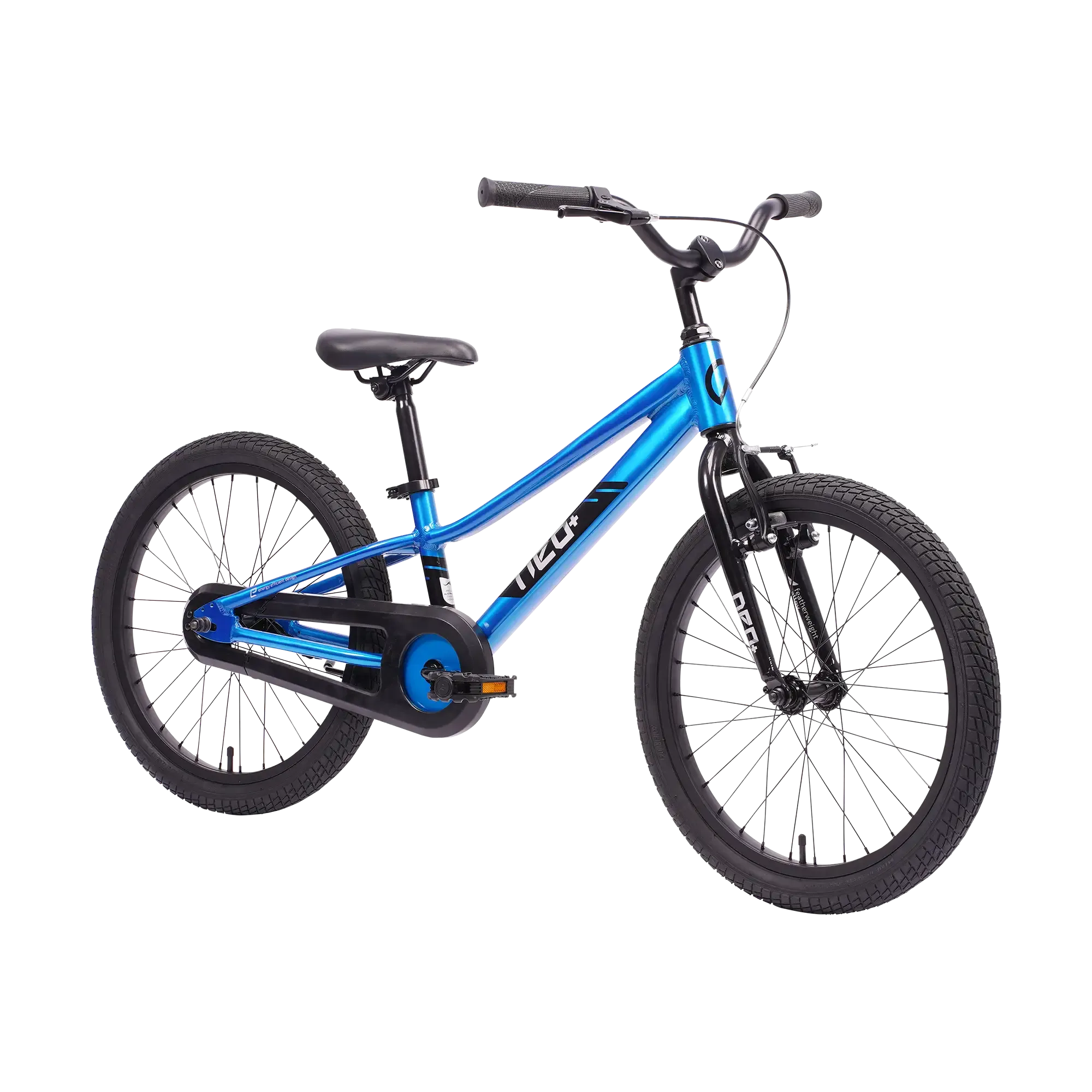 A kids' NEO bicycle with a vibrant metallic blue frame, black handlebars, black tyres, and a black chain guard, shown against a plain white background.