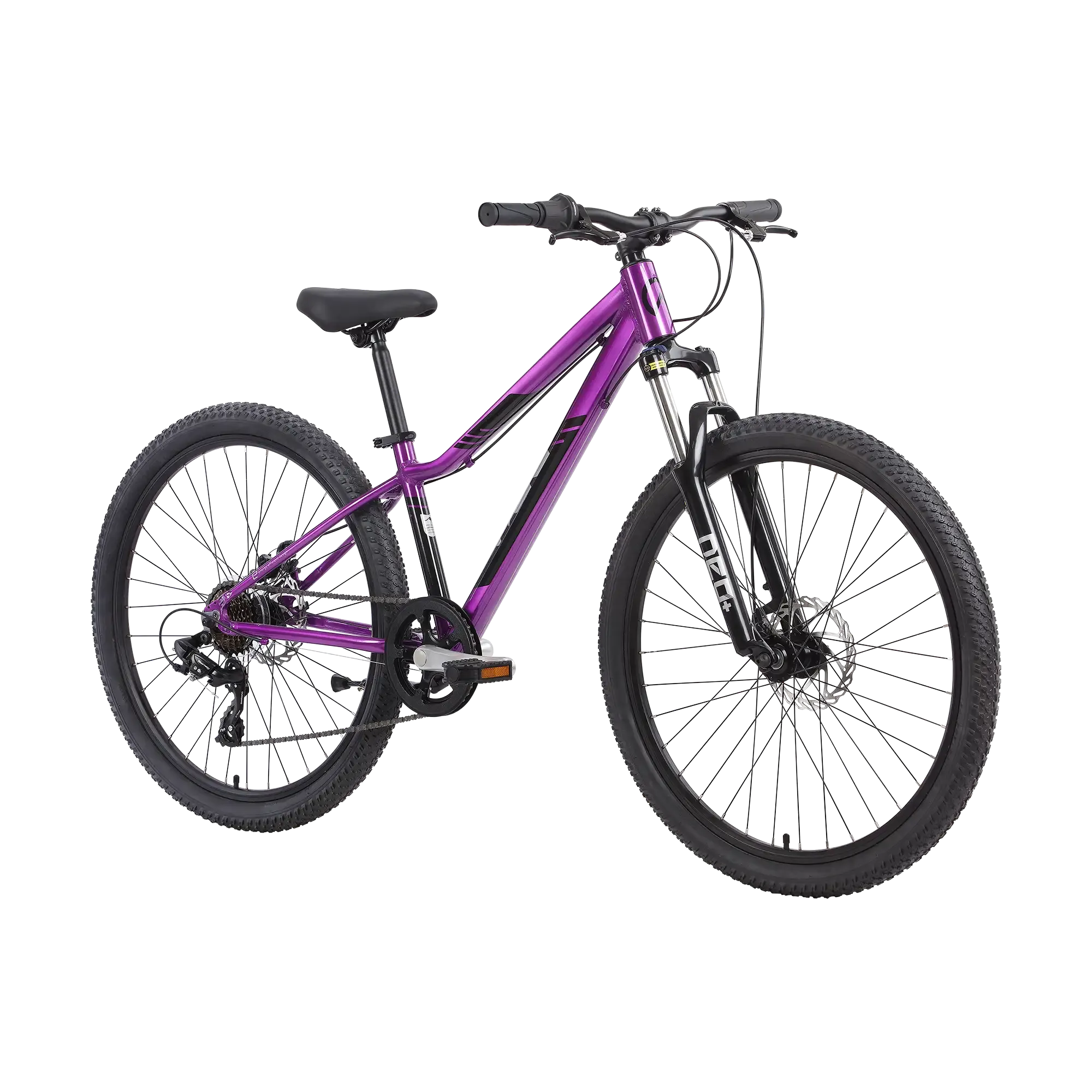 A purple and black mountain bike with a front suspension fork, knobby tyres, and disc brakes, shown from a three-quarters angle on a white background.