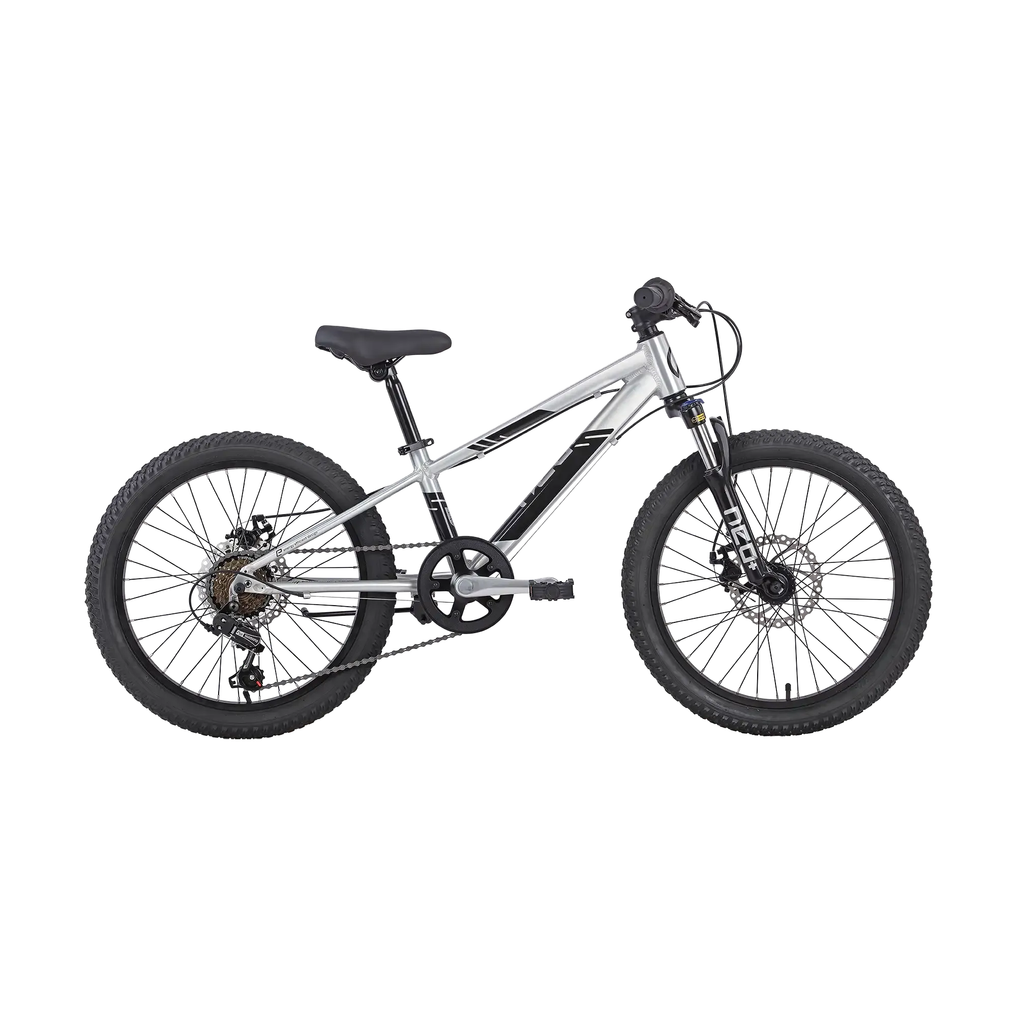 A silver and black mountain bike with fat tyres, front suspension, and disc brakes, shown from a side profile on a solid white background.