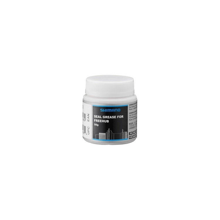 A 50g white plastic jar of Shimaro Seal Grease for Freehub, featuring a black and blue label, on a solid white background.