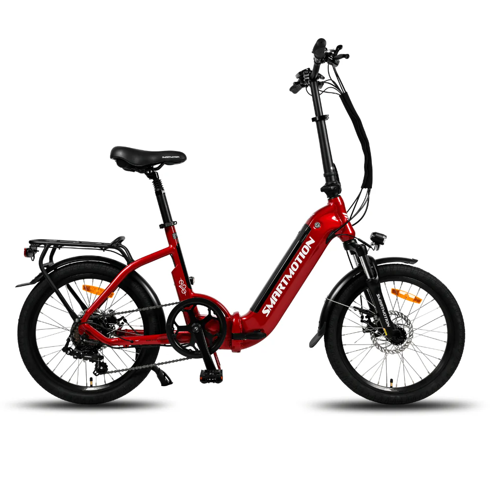 Red electric bike with 'SMARTMOTION' branding on a white background