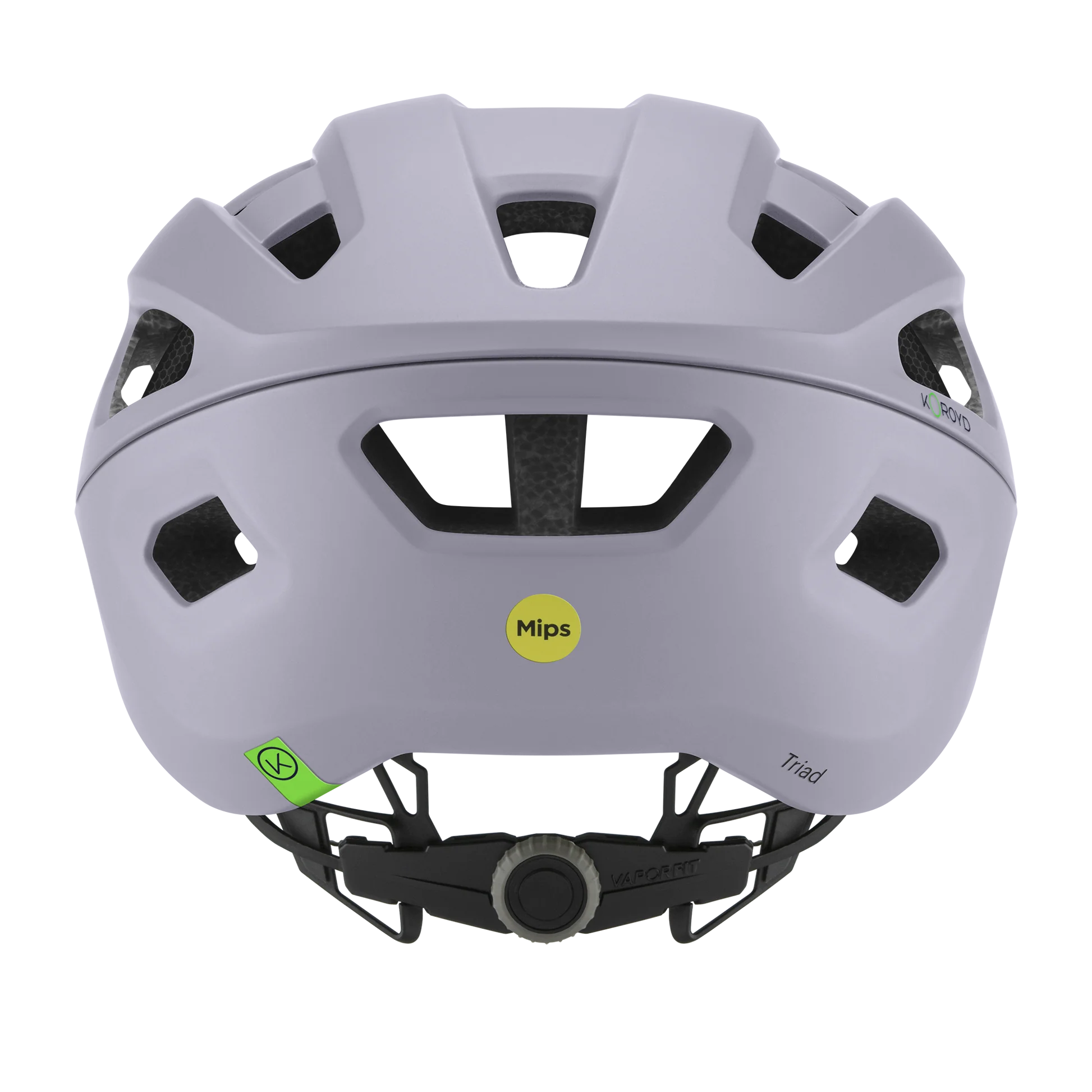 Rear view of a lilac road bike helmet on a white background