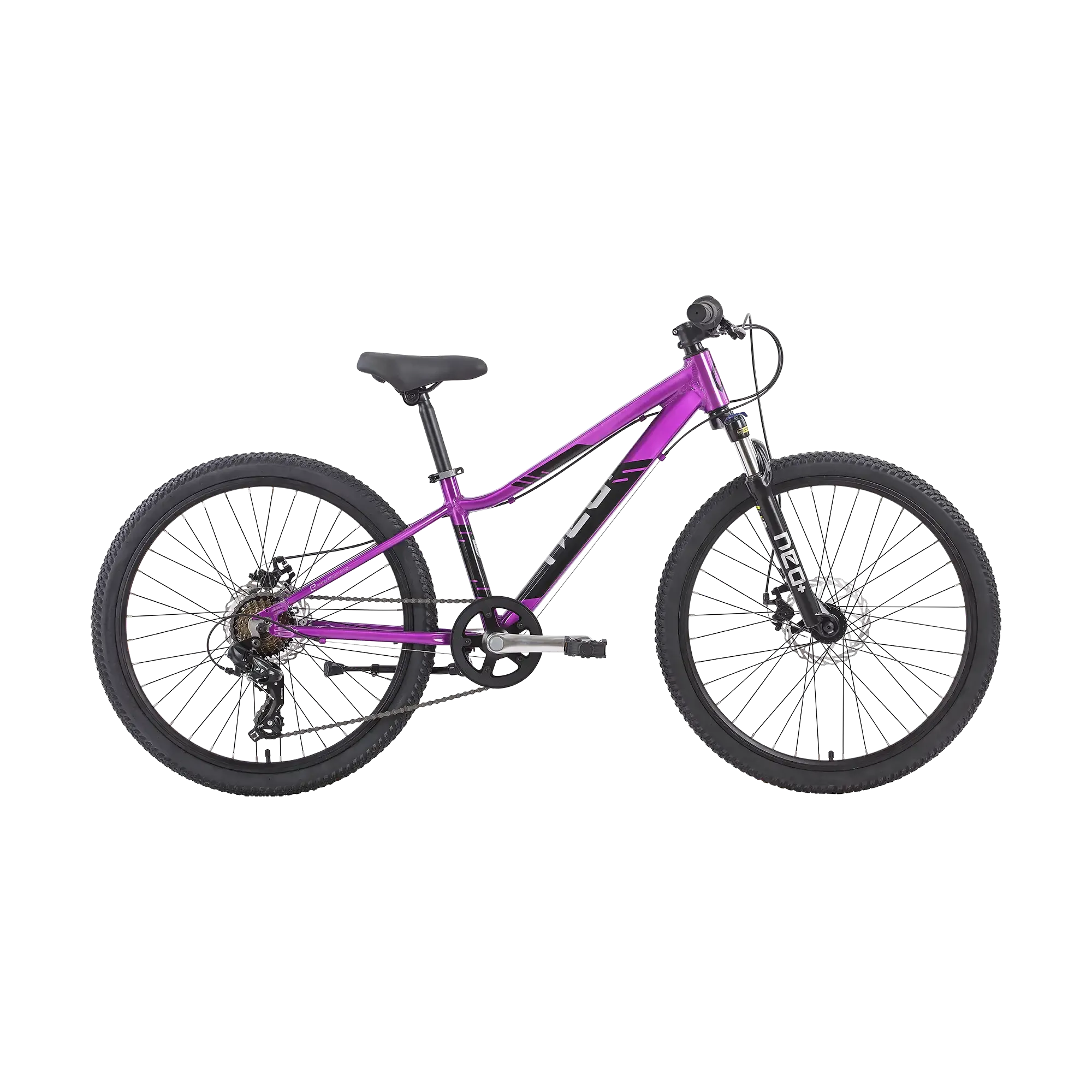 A purple and black kids mountain bike with front suspension, disc brakes, and knobby tyres, shown from a side profile on a solid white background.