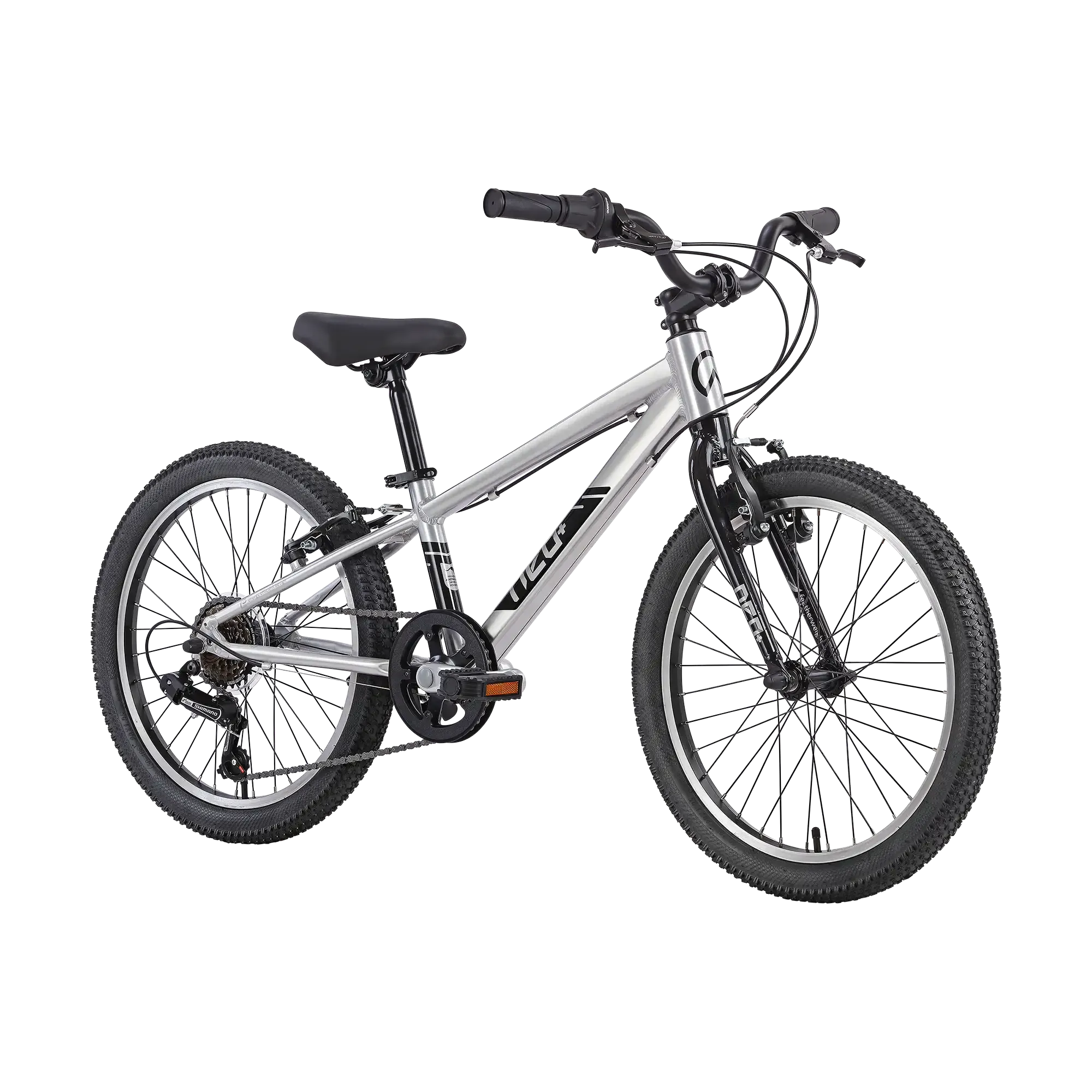 A kids' bicycle with a silver frame, black handlebars, black saddle, and black tyres, shown from a side profile on a white background. The brand name 'NEO' is visible on the down tube.