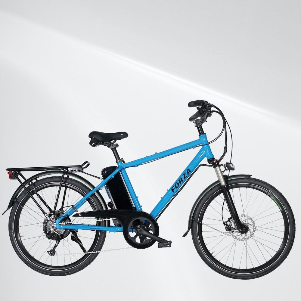Blue electric bike with 'Forza' branding on a white background