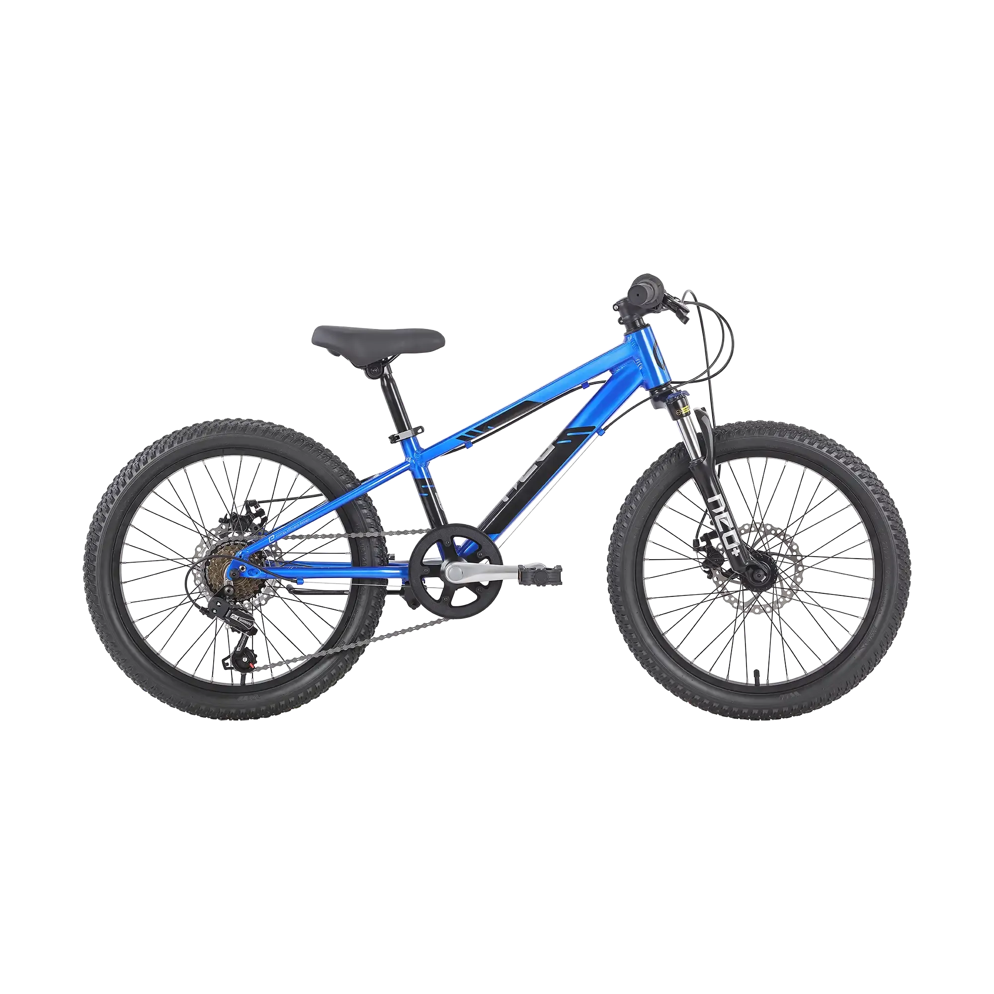 A blue and black mountain bike with knobby tyres and a front suspension fork, shown from a side profile on a solid white background.