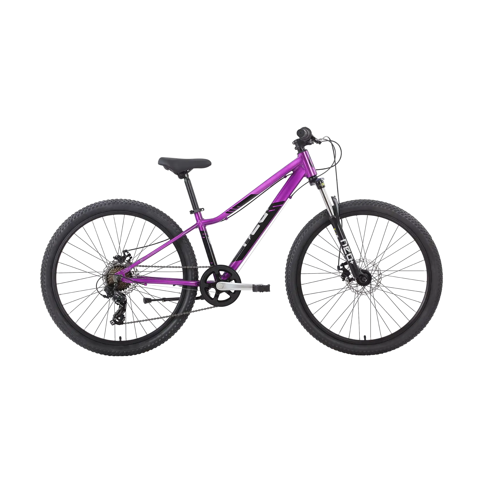 A purple and black Neo mountain bike with a front suspension fork, knobby tyres, and disc brakes, shown from a side profile on a white background.