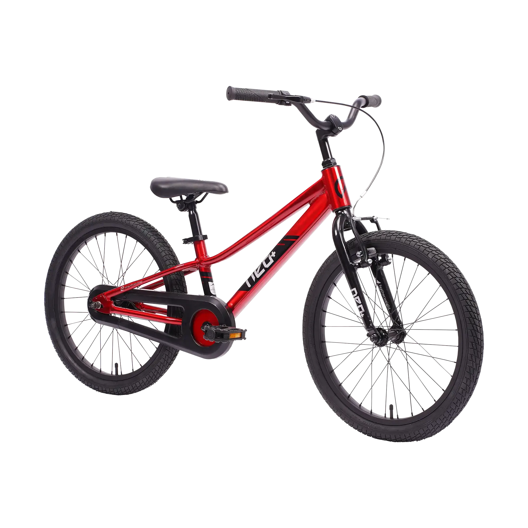 A red and black kids' NEO bike with knobby tyres, black handlebars, and a black seat, shown from a three-quarters angle on a white background.