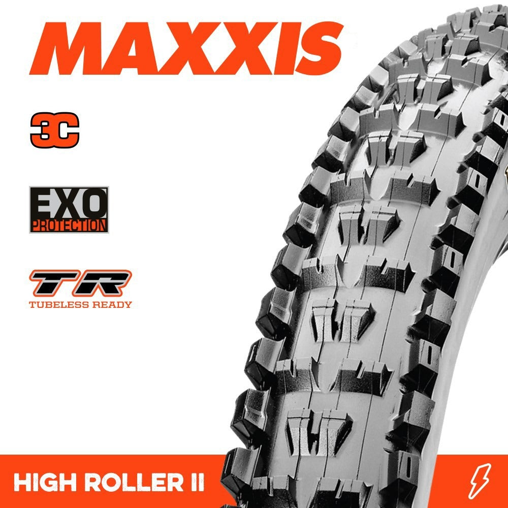 Maxxis mountain bike tyre against a white background with specs highlighted in orange
