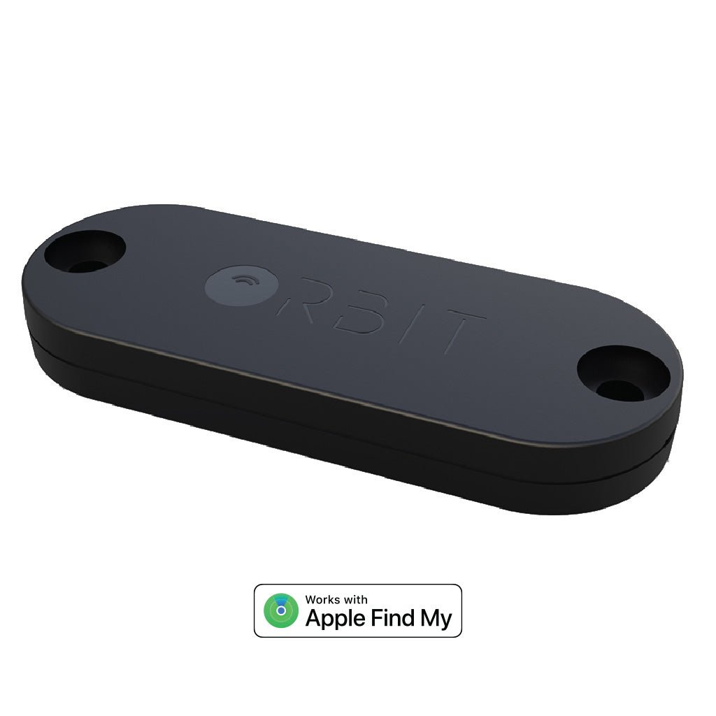 Black Orbit tracking device with Apple Find My logo on a white background