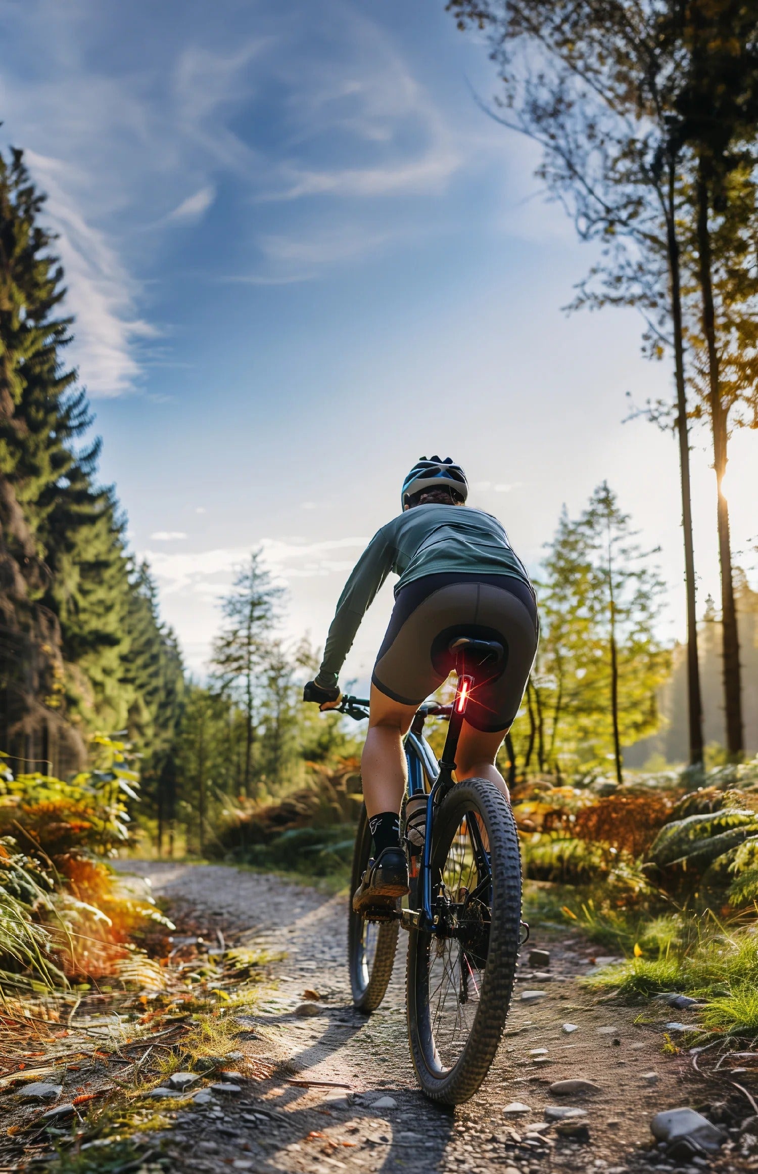 A person riding a mountain bike away from the camera on a forest trail, wearing a dark long-sleeve top, dark shorts, and a helmet with a red shining tail light on the bike. The scene is set in a sunny pine forest with tall trees, a dirt path, and blue sky.