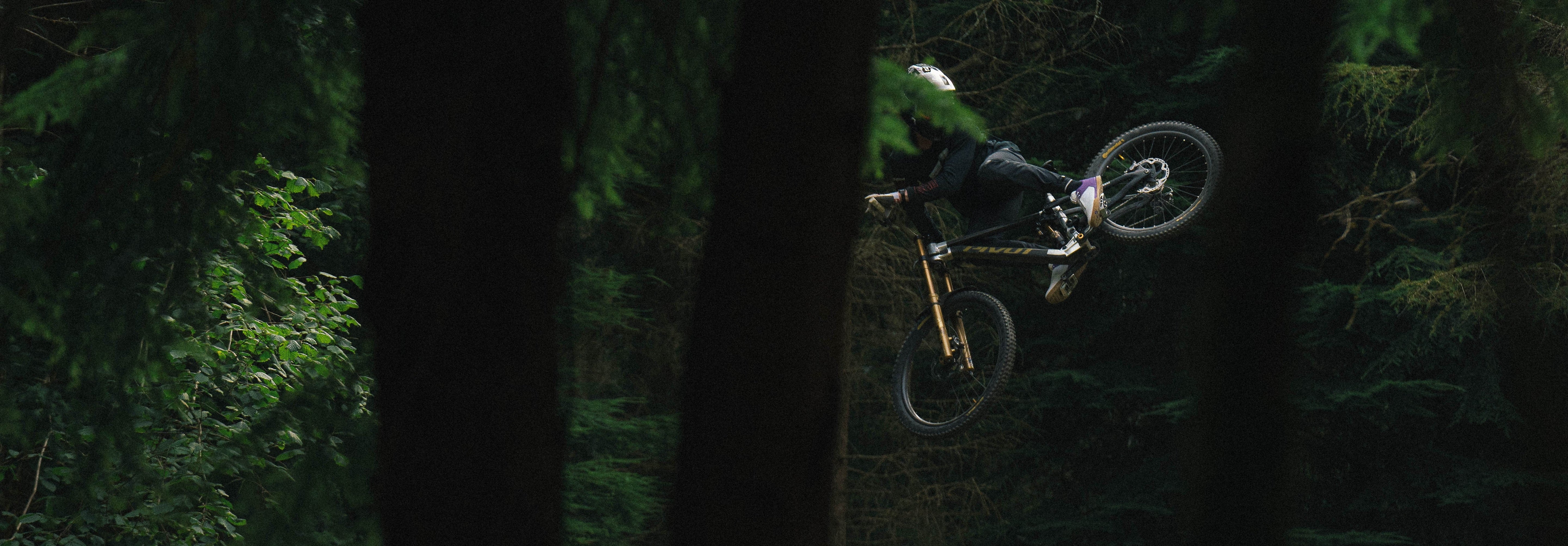 Mountain Biker in mid-air amidst trees in a dark forest