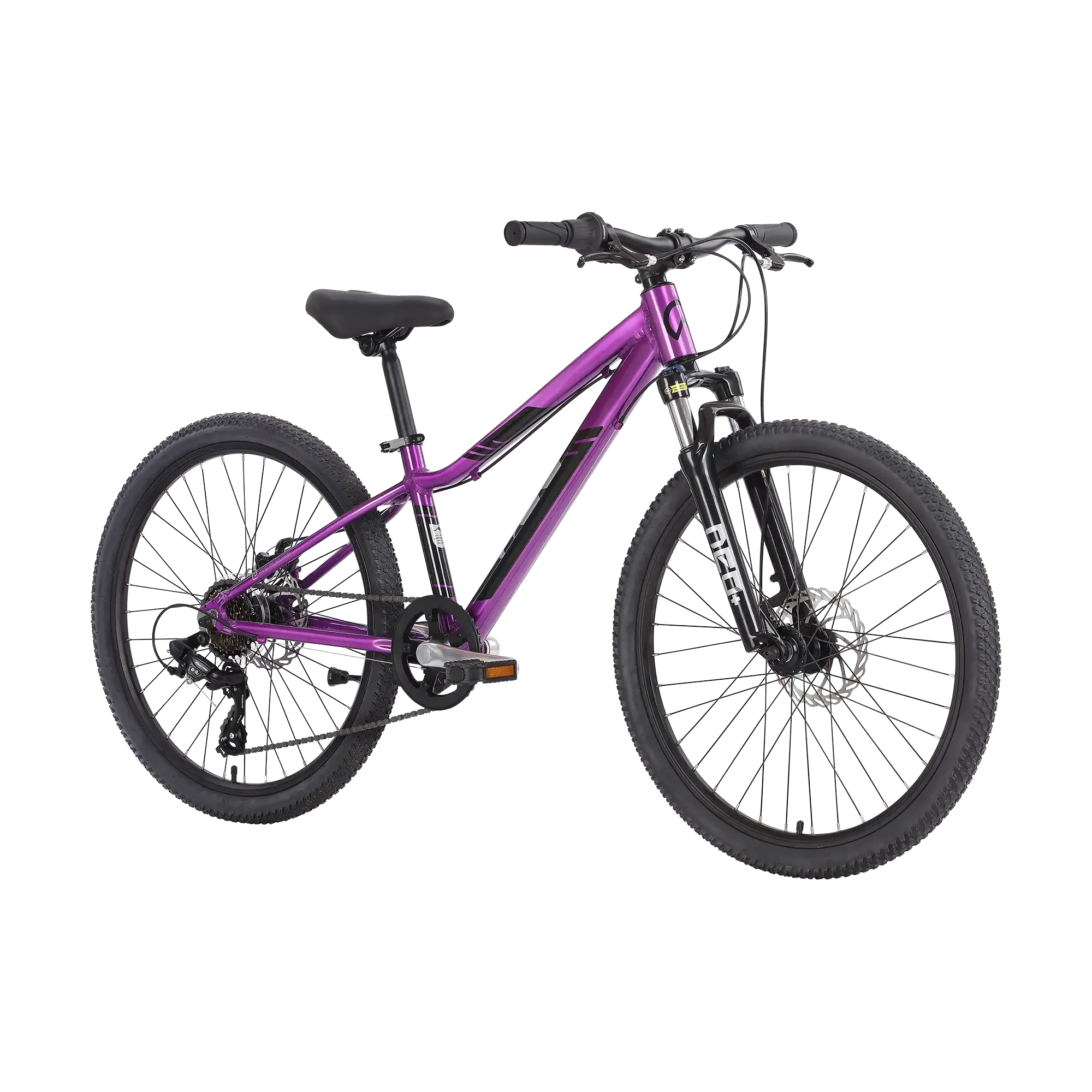 A purple and black kids mountain bike with a front suspension fork, disc brakes, and knobby tyres, shown from a side profile on a solid white background.