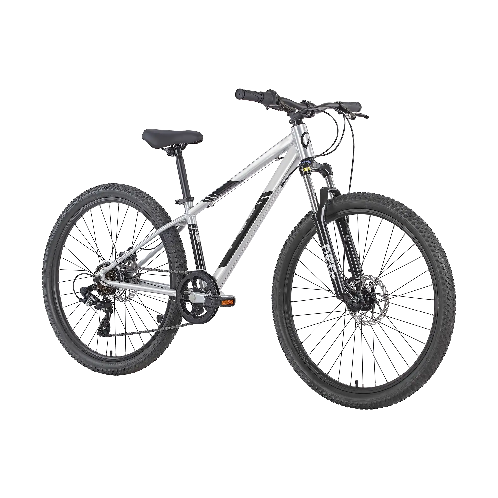 A mountain bike with a silver and black frame, black suspension fork, knobby tres, and disc brakes, shown from a side profile on a white background.