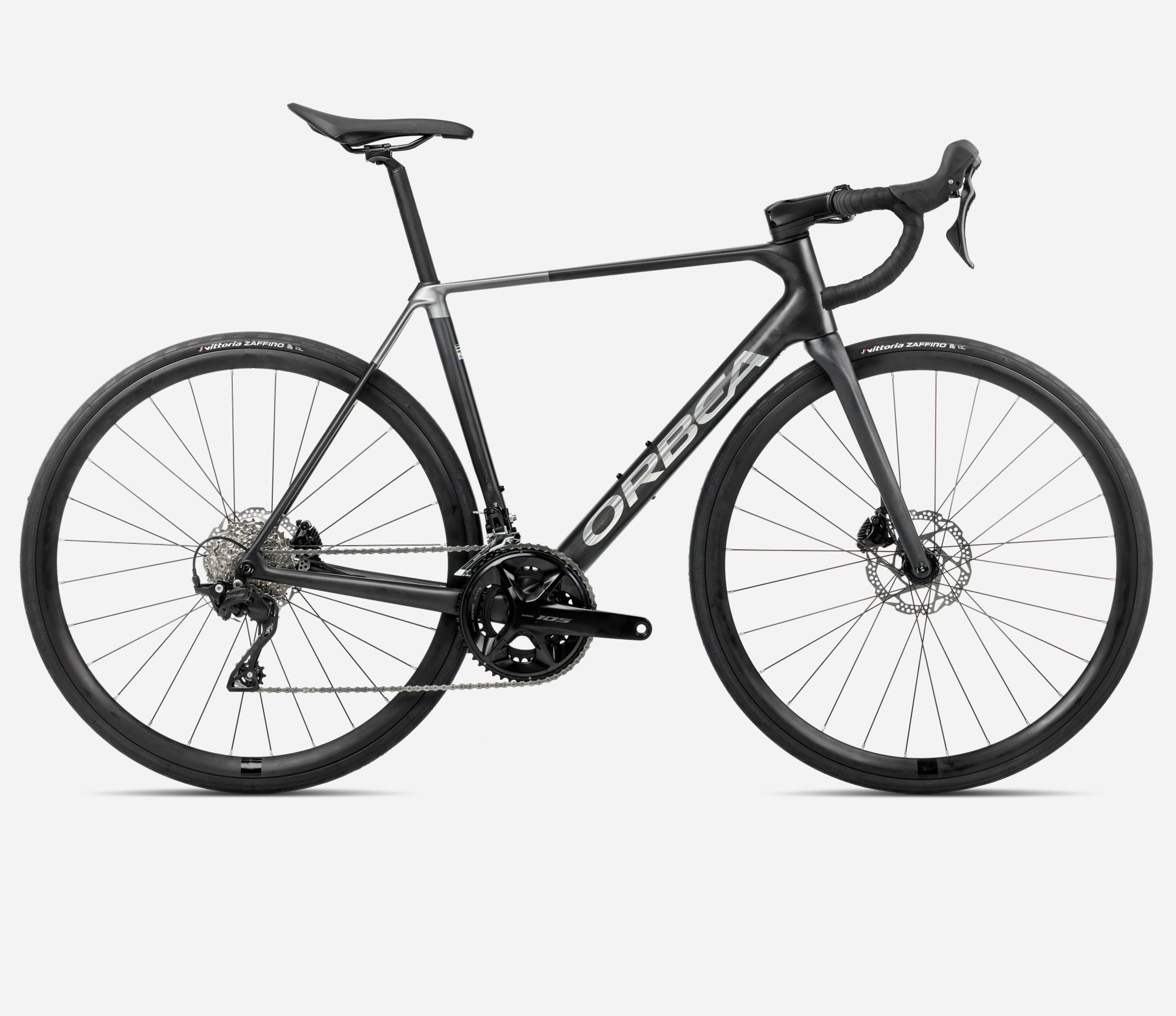 Charcoal Orbea Road Bike against a white background