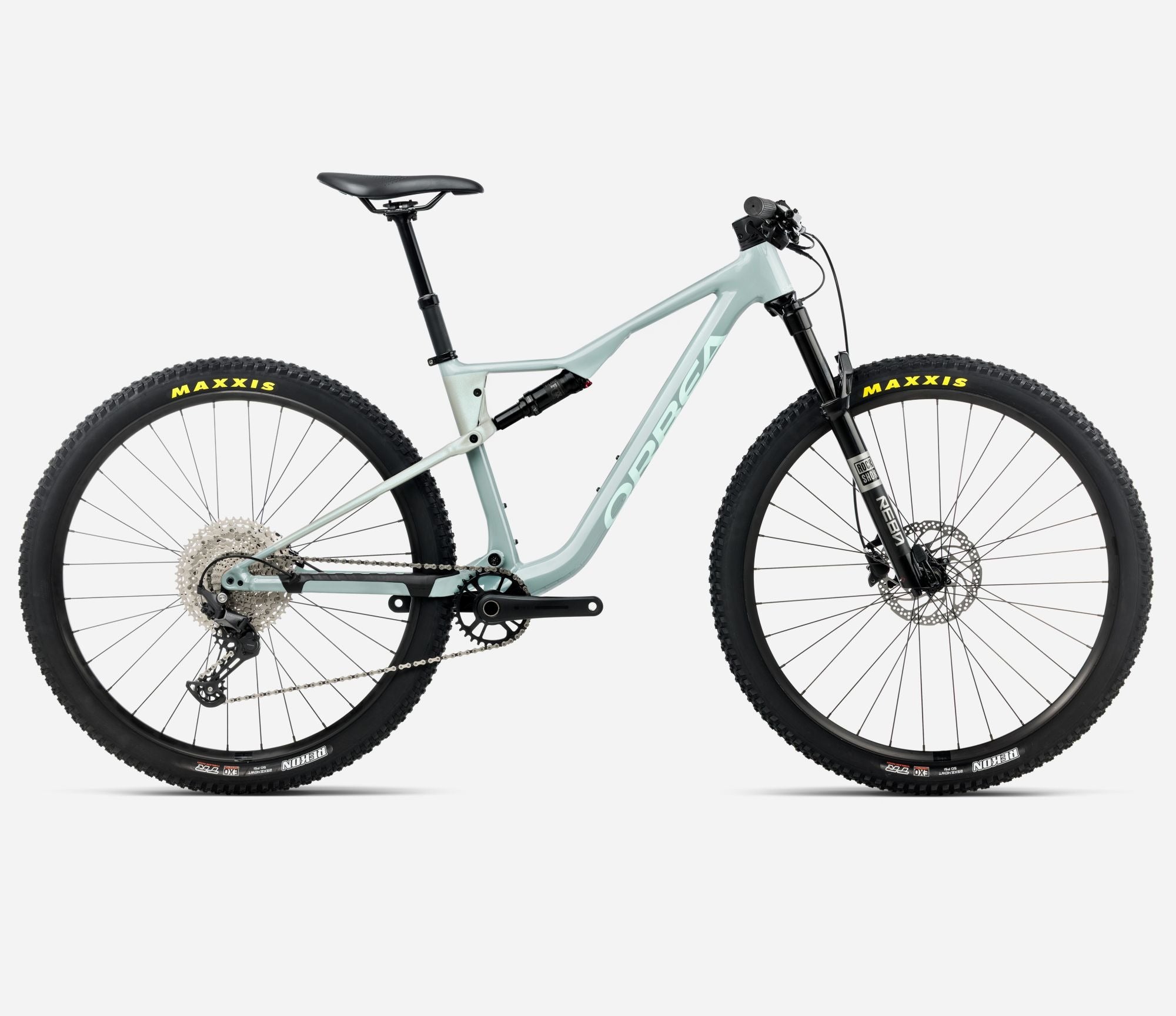 Light blue Orbea Dual Suspension Mountain bike with Maxxis tires on a white background