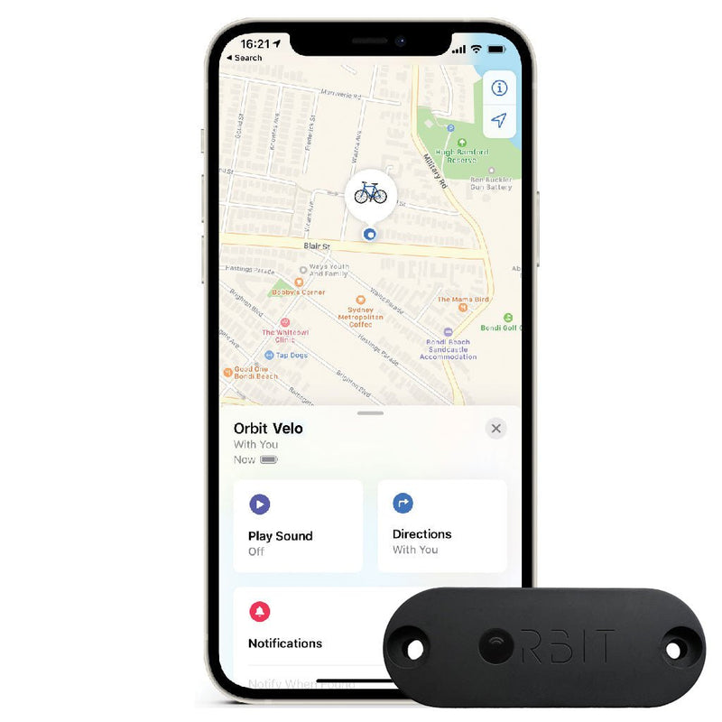 Smartphone displaying a mapping app with a black tracking device labeled 'Orbit' on a white background
