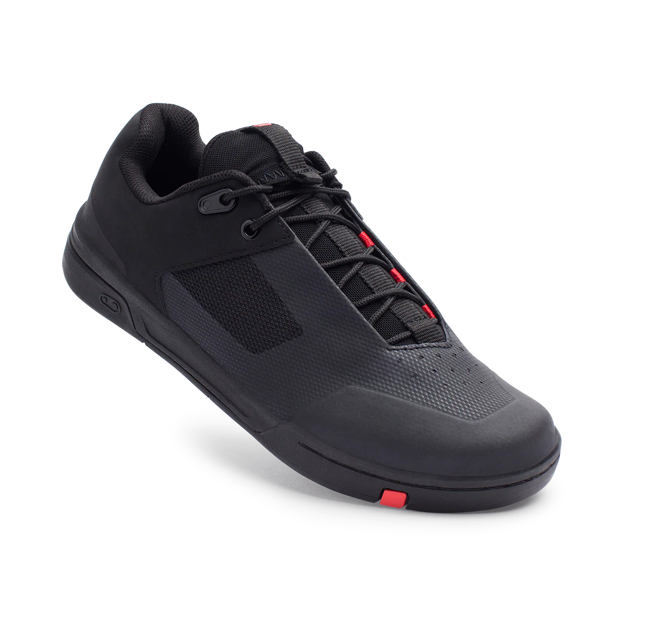 Black mountain bike flat shoe with red accents on a white background