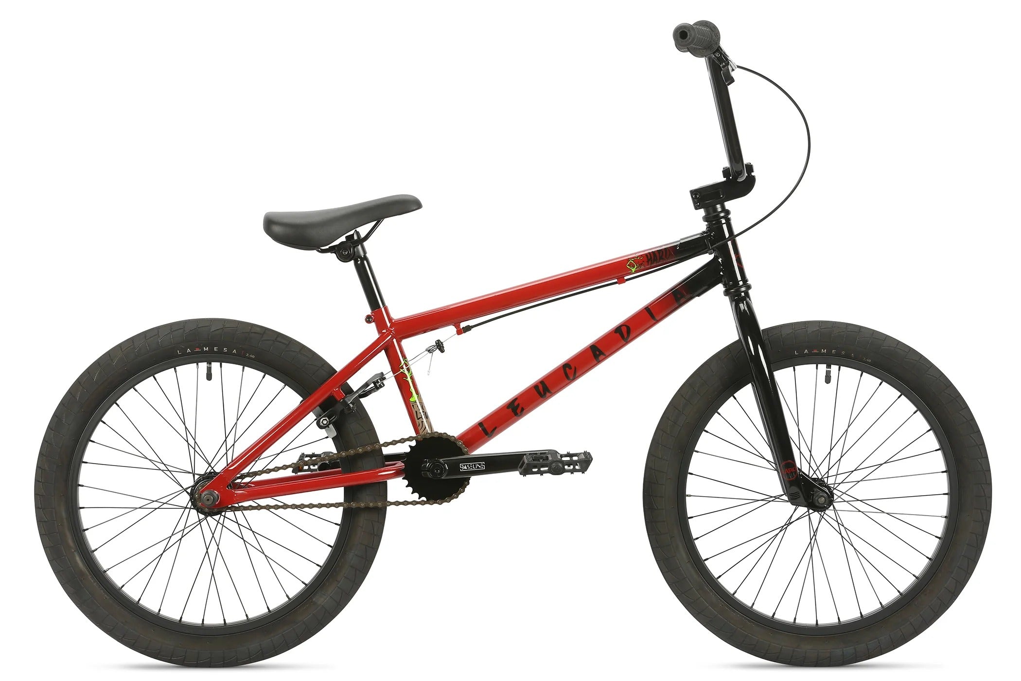 Red and Black Haro Leucadia BMX Bike on a white background