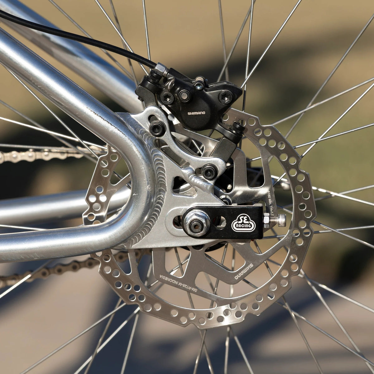Close up of the rear rotor and chainstay on a silver bicycle with a blurred outdoor background