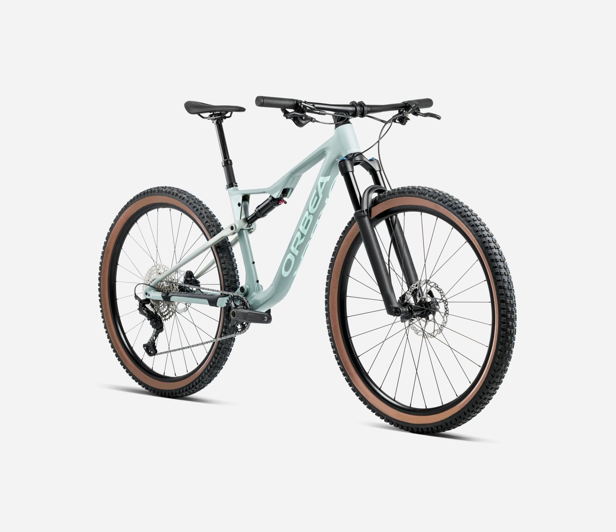 Light blue dual suspension mountain bike on a white background