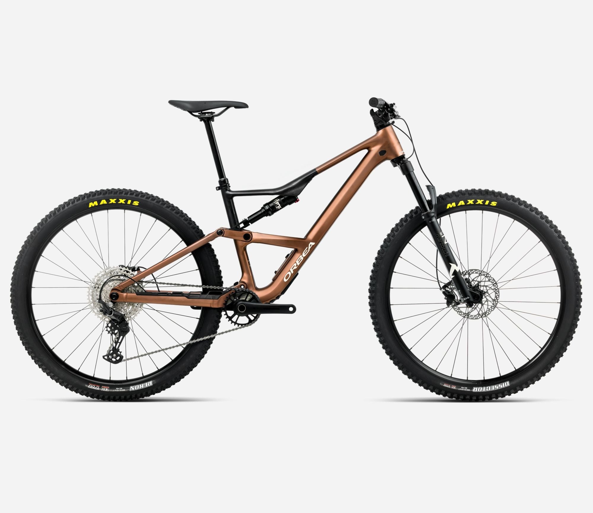 A bronze Orbea Dual Suspension Mountain Bike against a white background