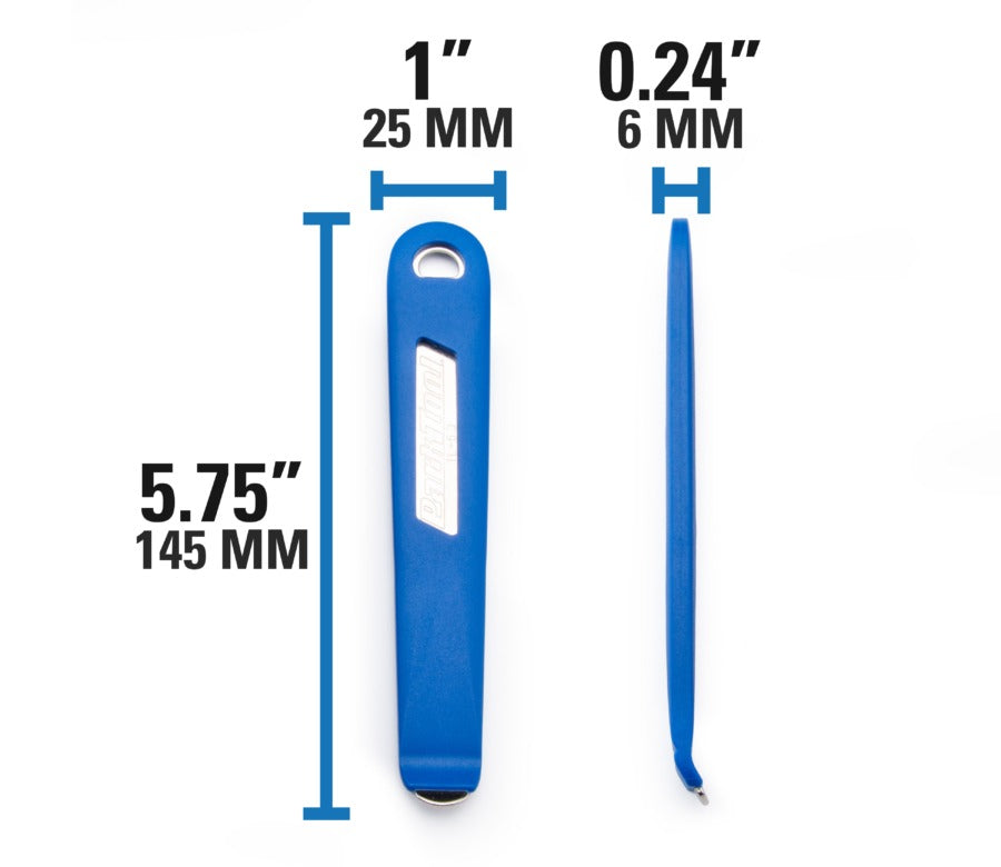 Blue bicycle tyre levers with measurements indicated on a white background