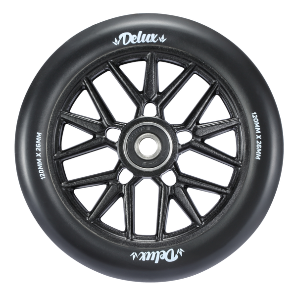 A black scooter wheel with a multi-spoke hub and white 'Delux' branding on the rim, shown against a plain white background.