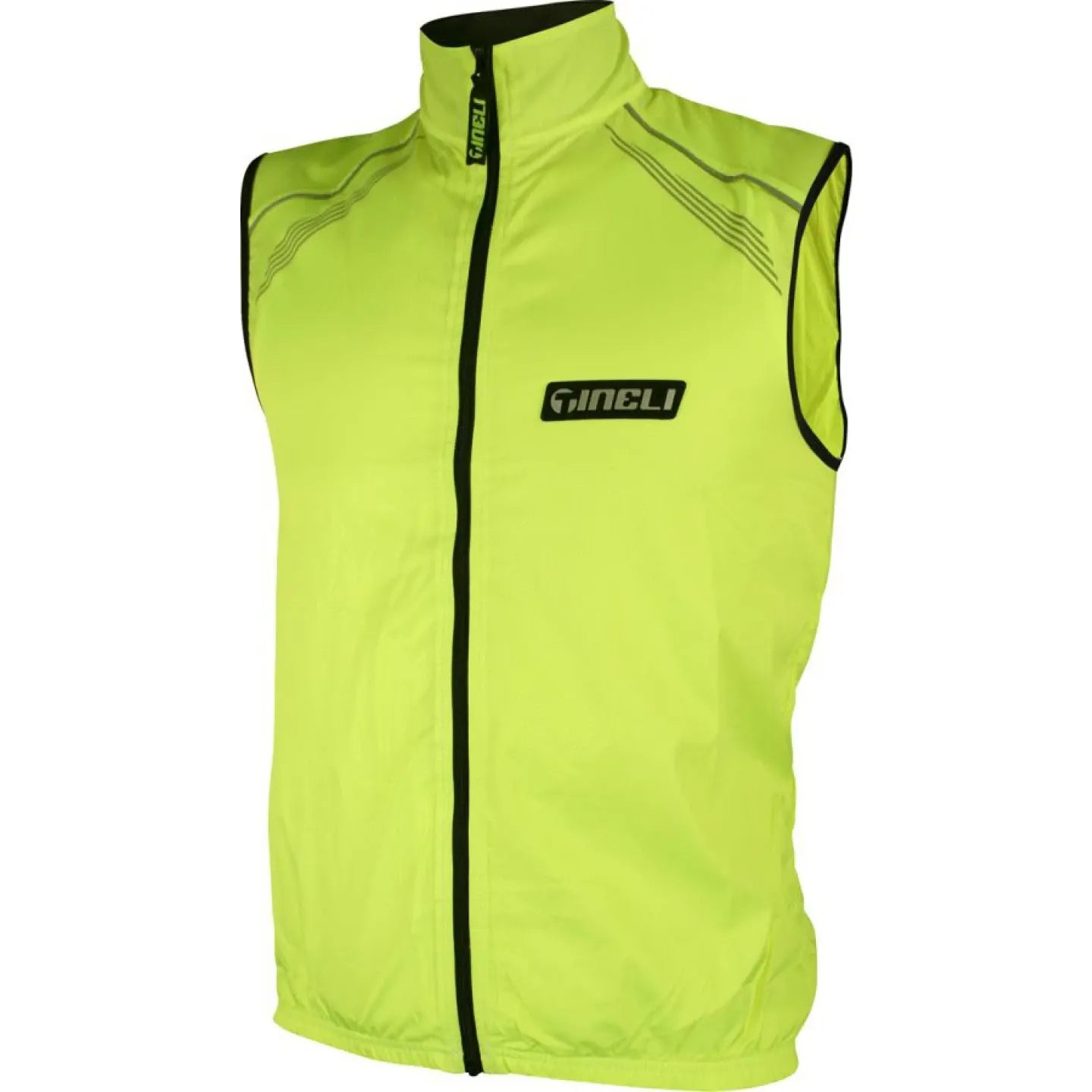 Fluro yellow cycling vest with black zipper and 'Tineli' branding on a white background