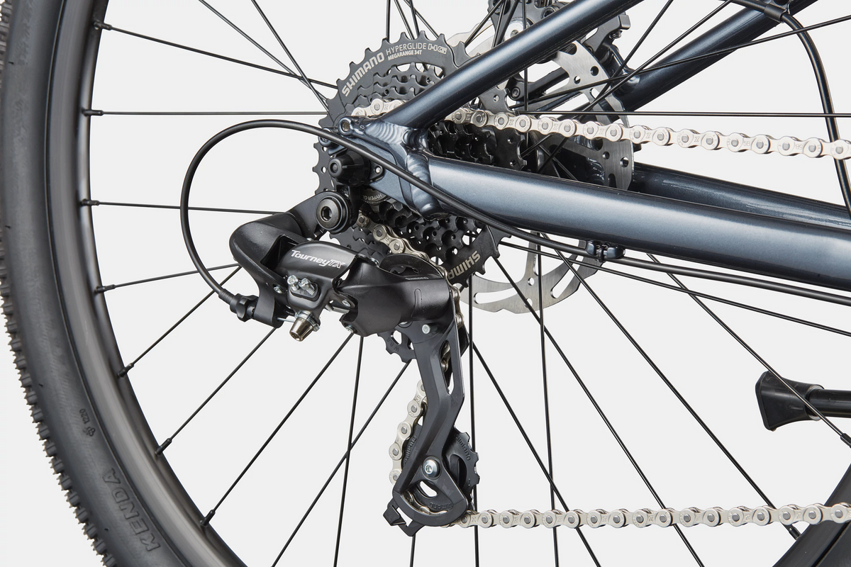 Close up of a rear cassette on a steel grey mountain bike on a white background