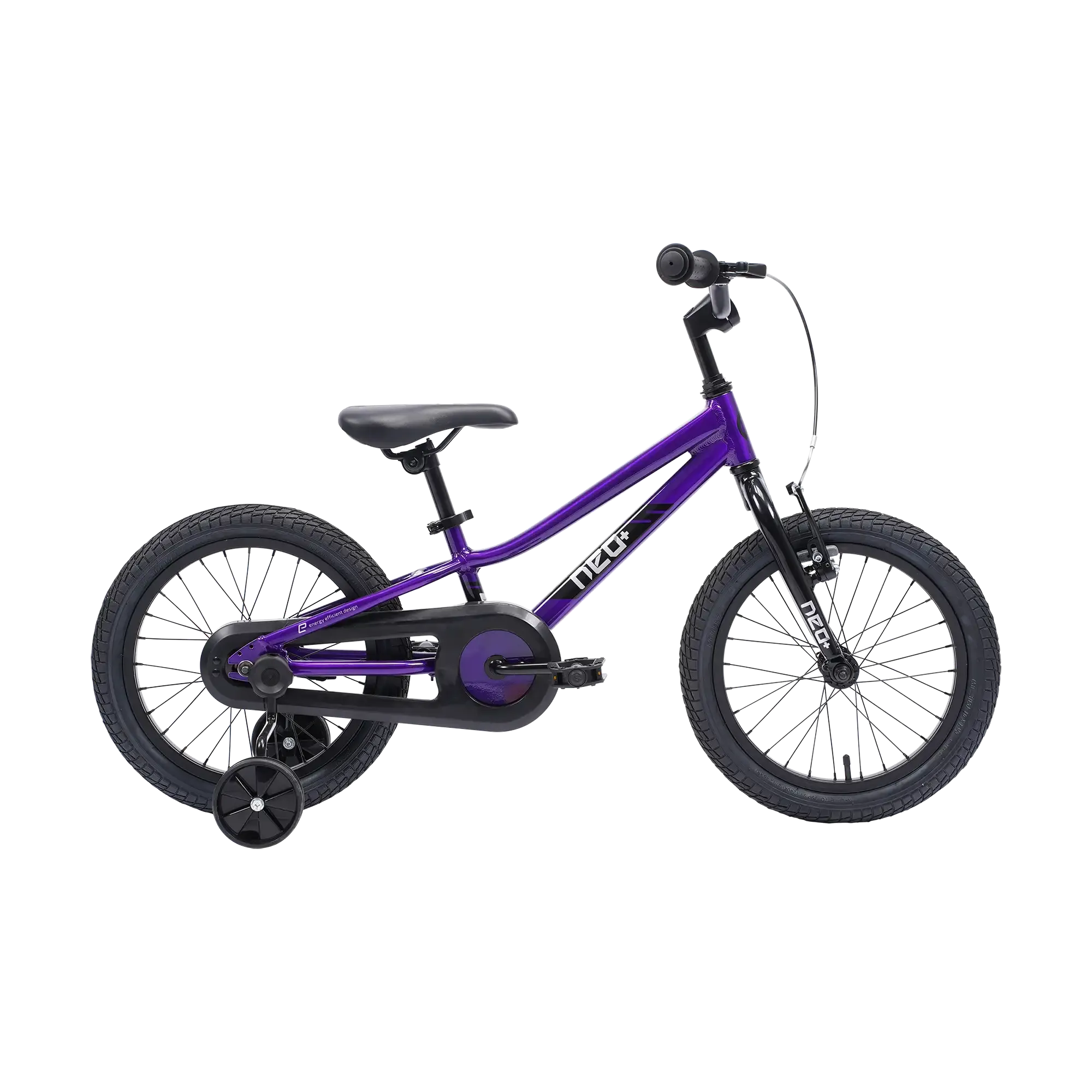 A purple and black Neo 16" kids' bicycle with training wheels and a chain guard, shown from a side profile on a white background.