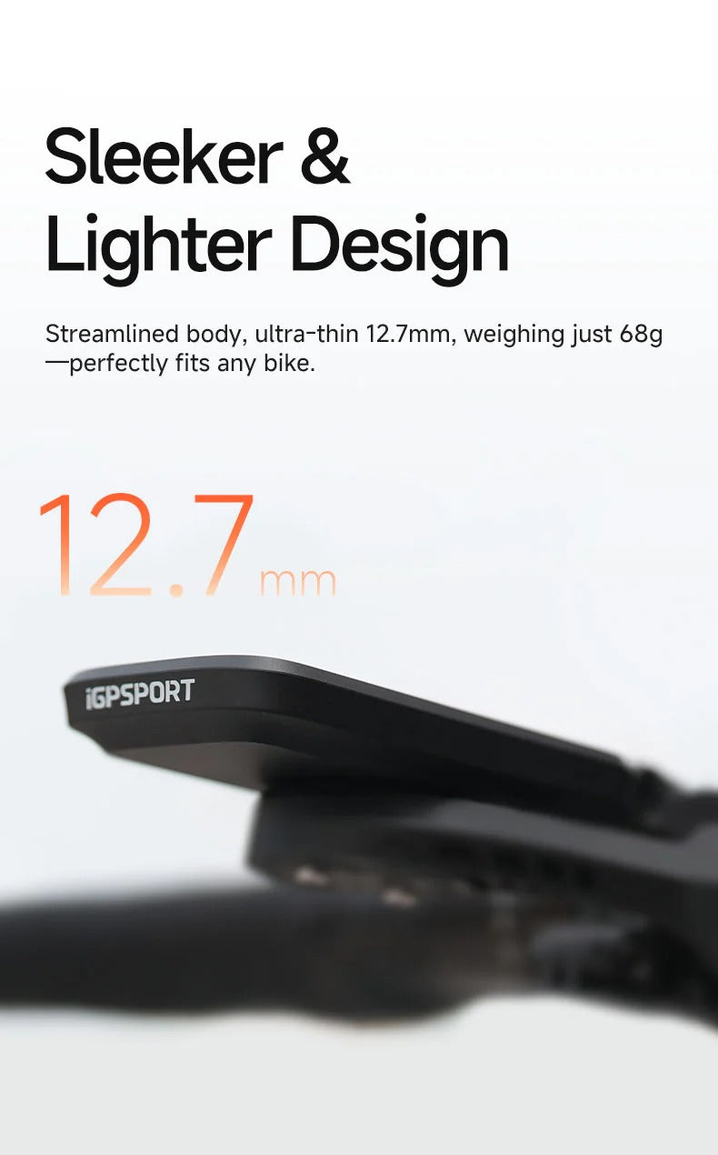 IGPSPORT Cycling Computer with 'Sleeker & Lighter Design' text and specifications on a white background