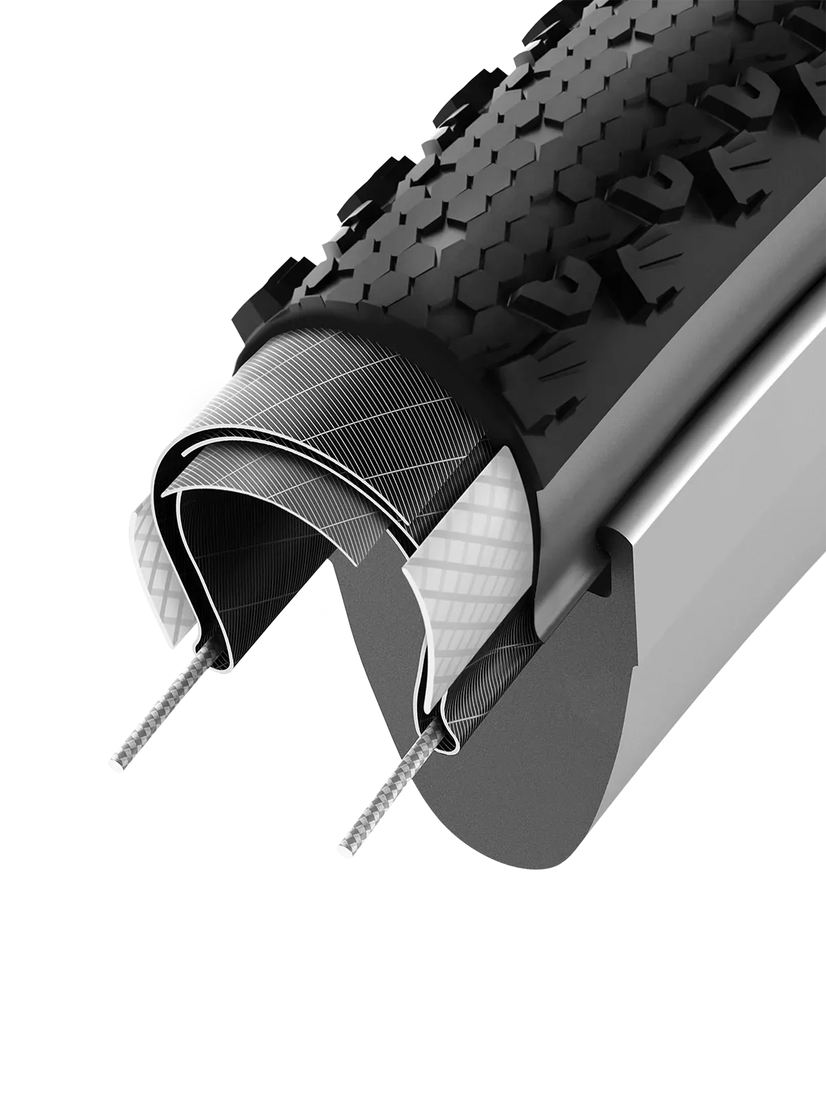 Close-up of a dissection of a bicycle tyre with tread pattern and sidewall details on a white background